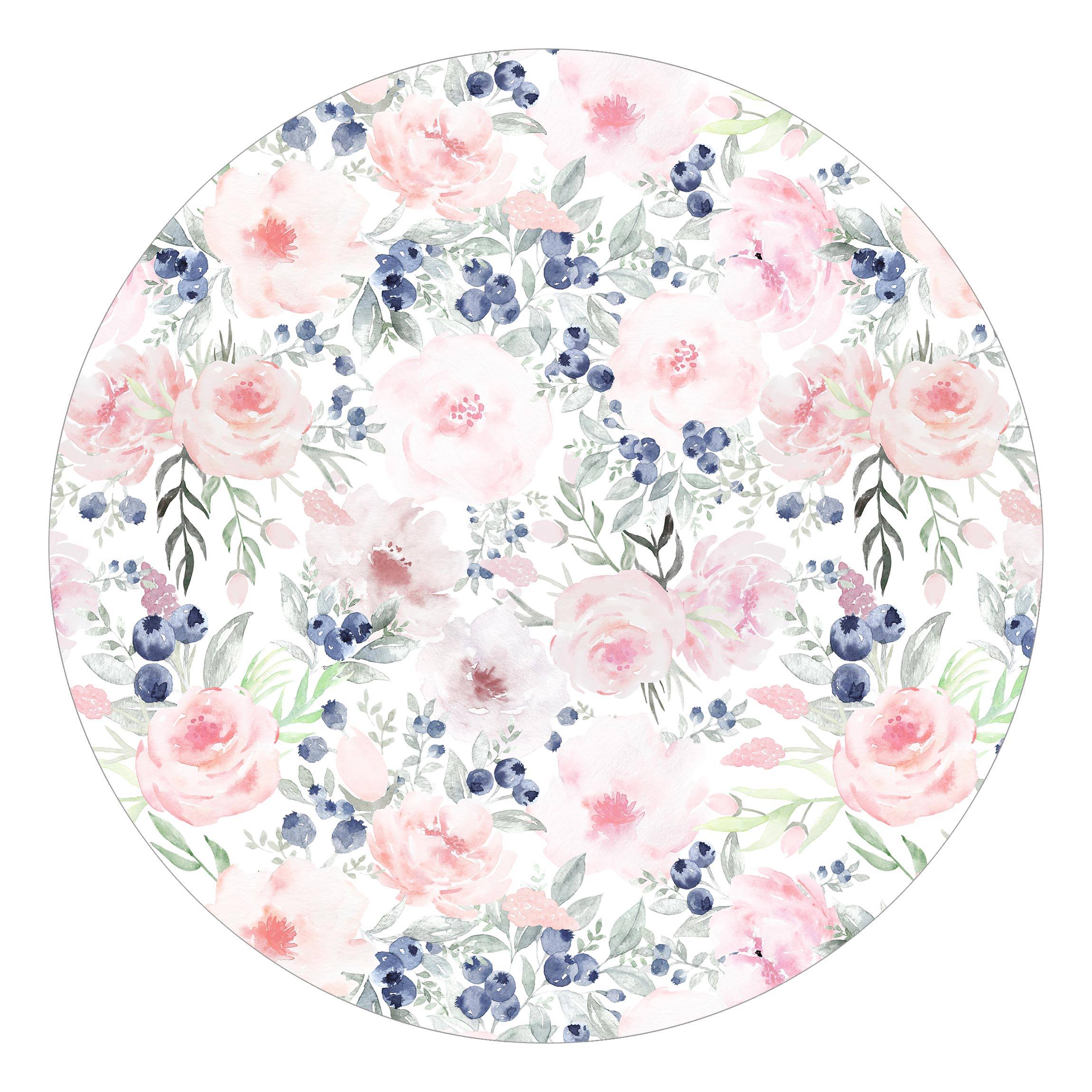 Runde Mustertapete selbstklebend Rosa Rosen mit Blaubeeren vor Weiß