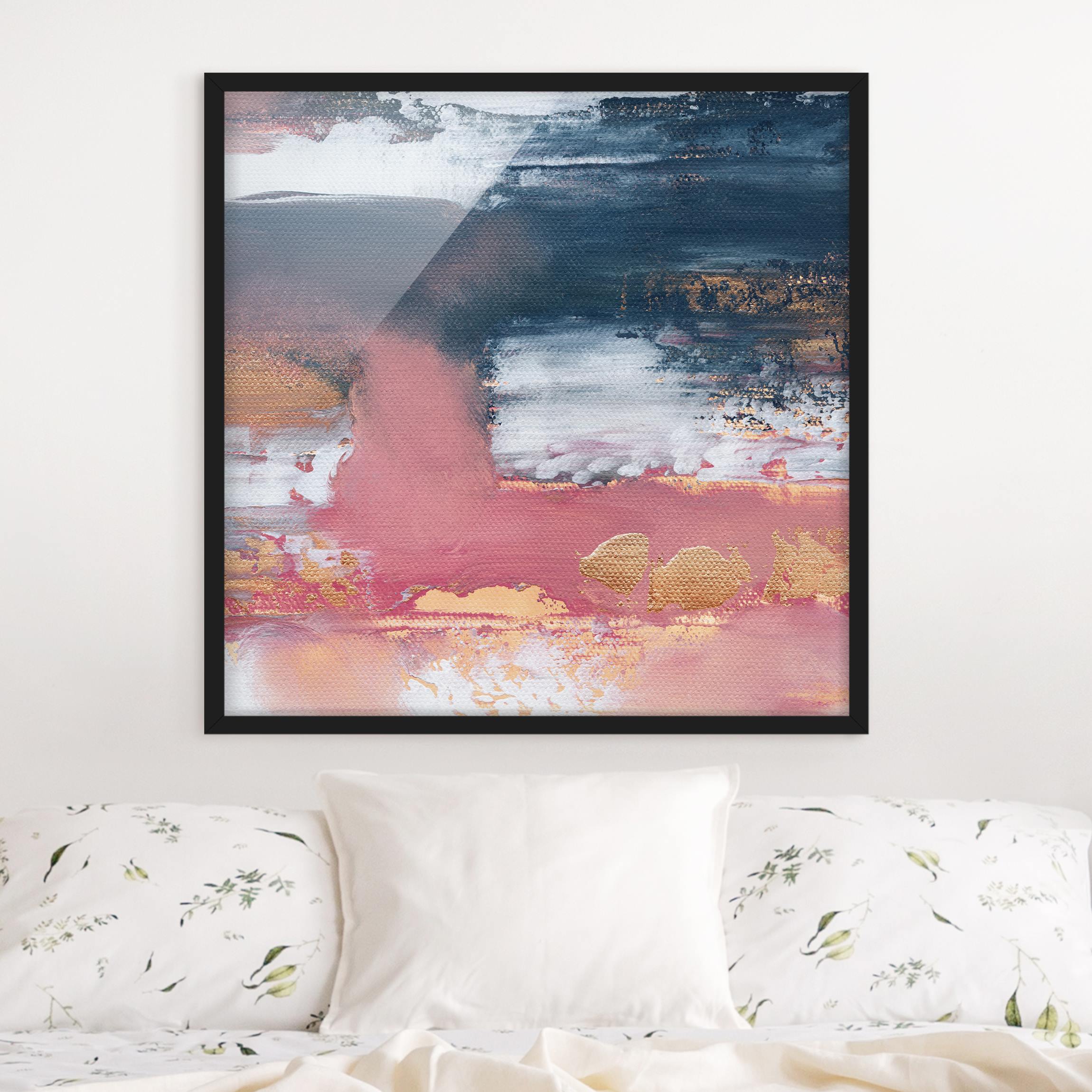Bild mit Rahmen Rosa Sturm mit Gold