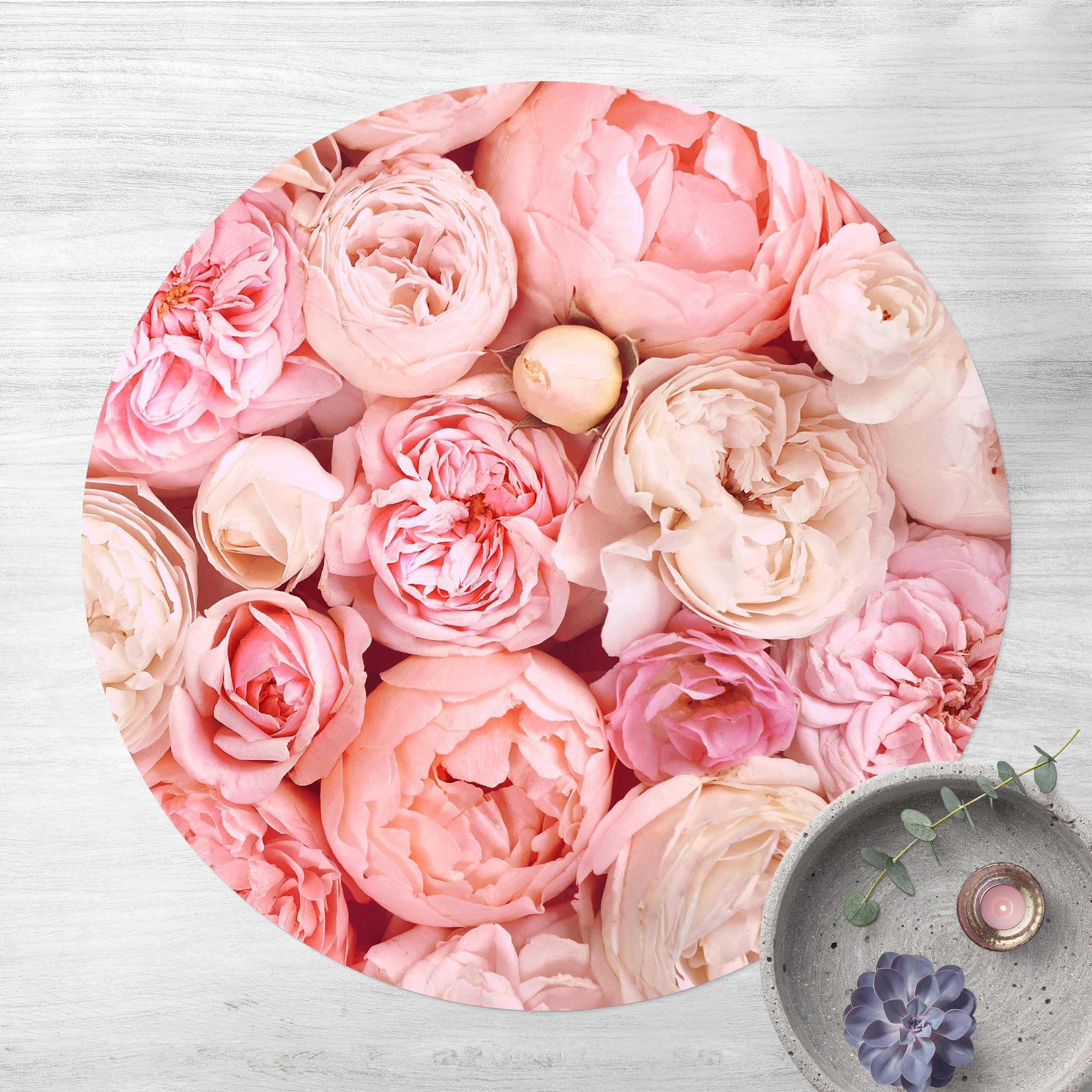 Runder Vinyl-Teppich Rosen Rosé Koralle Shabby
