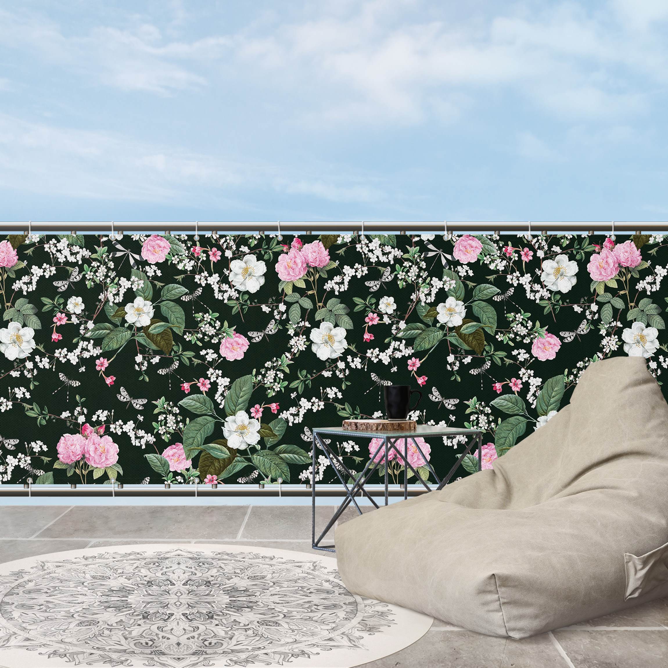 Balkon Sichtschutz Rosen und Schmetterlinge auf Dunkelgrün