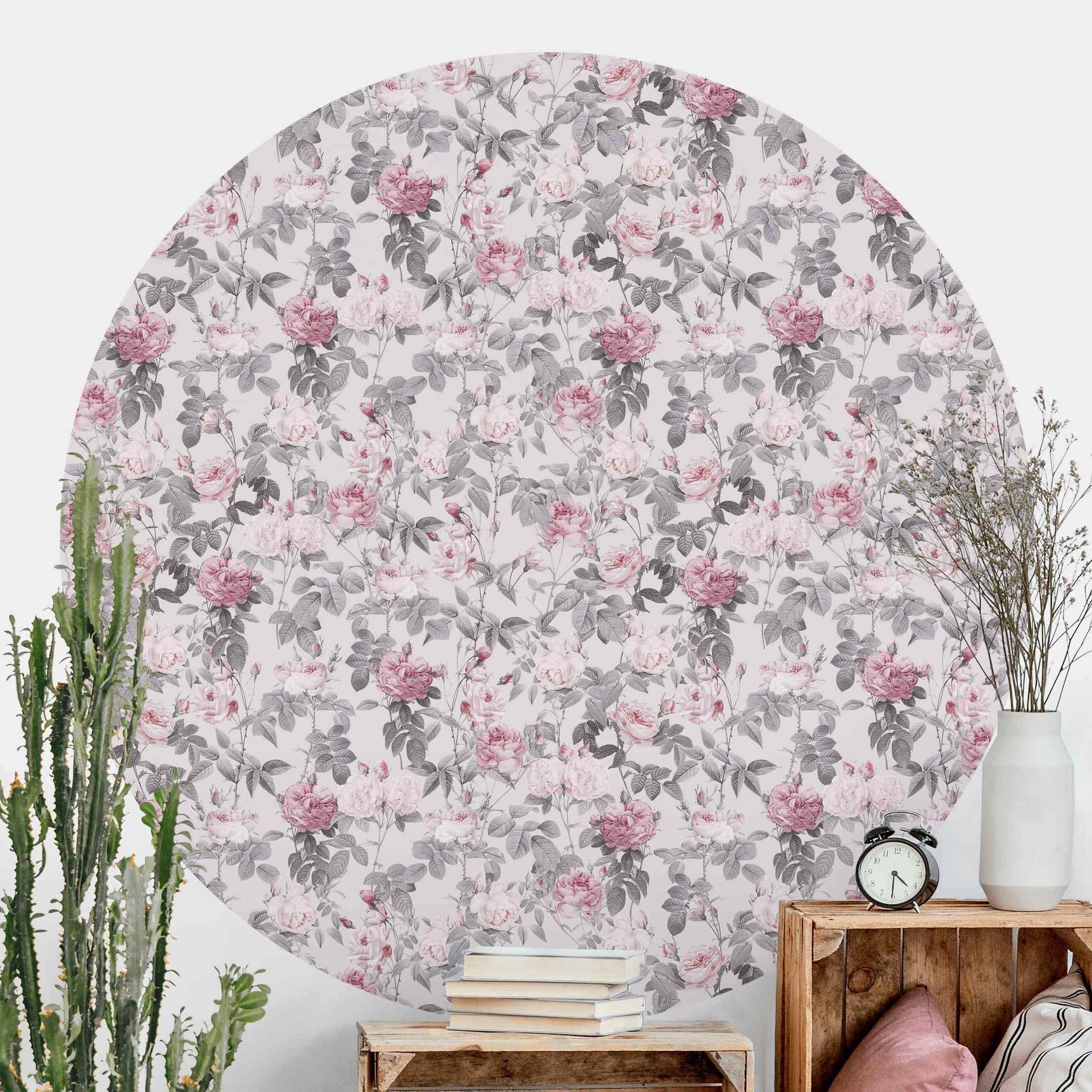 Runde Tapete selbstklebend Rosenblüten auf Rosa