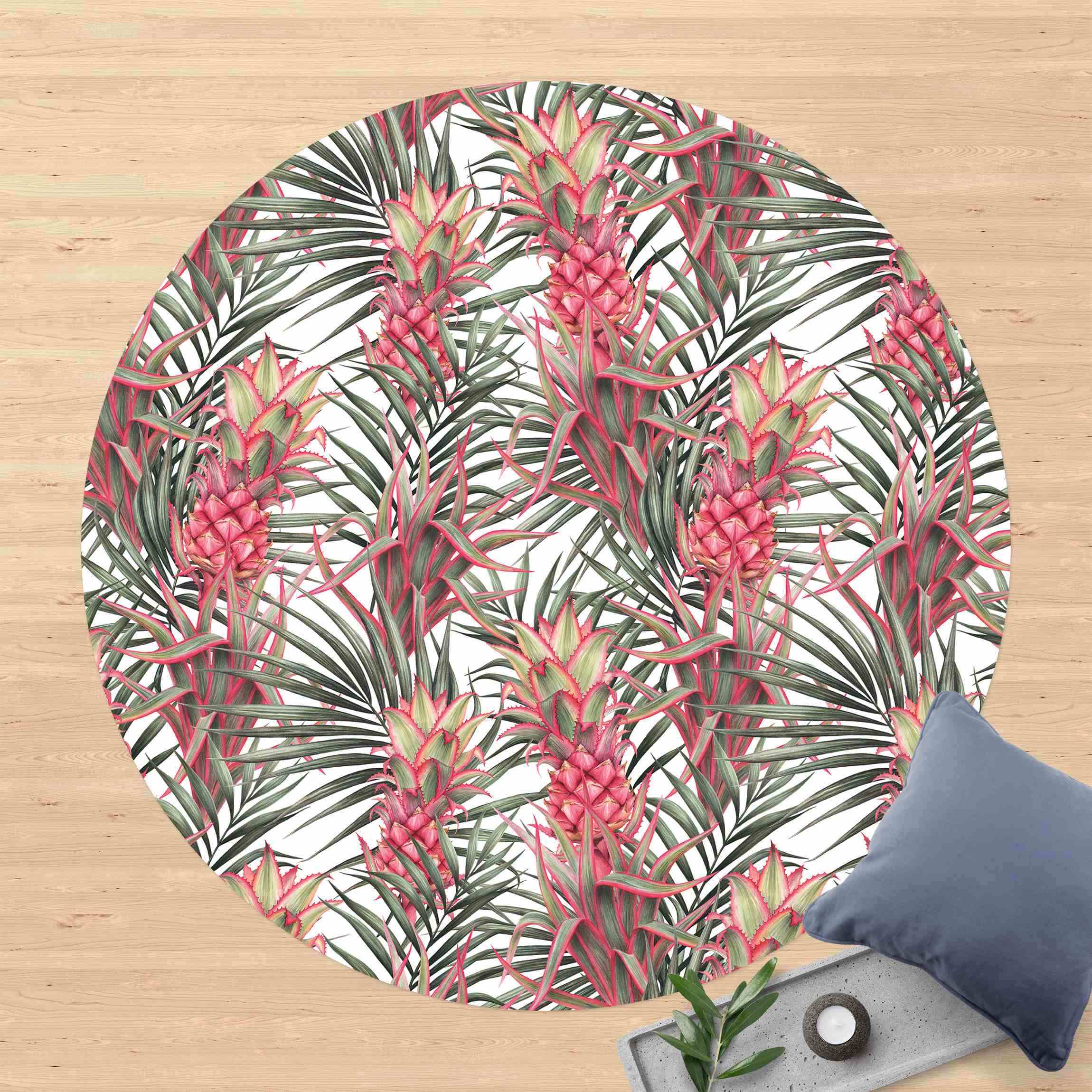 Runder Vinyl-Teppich Rote Ananas mit Palmenblättern Tropisch