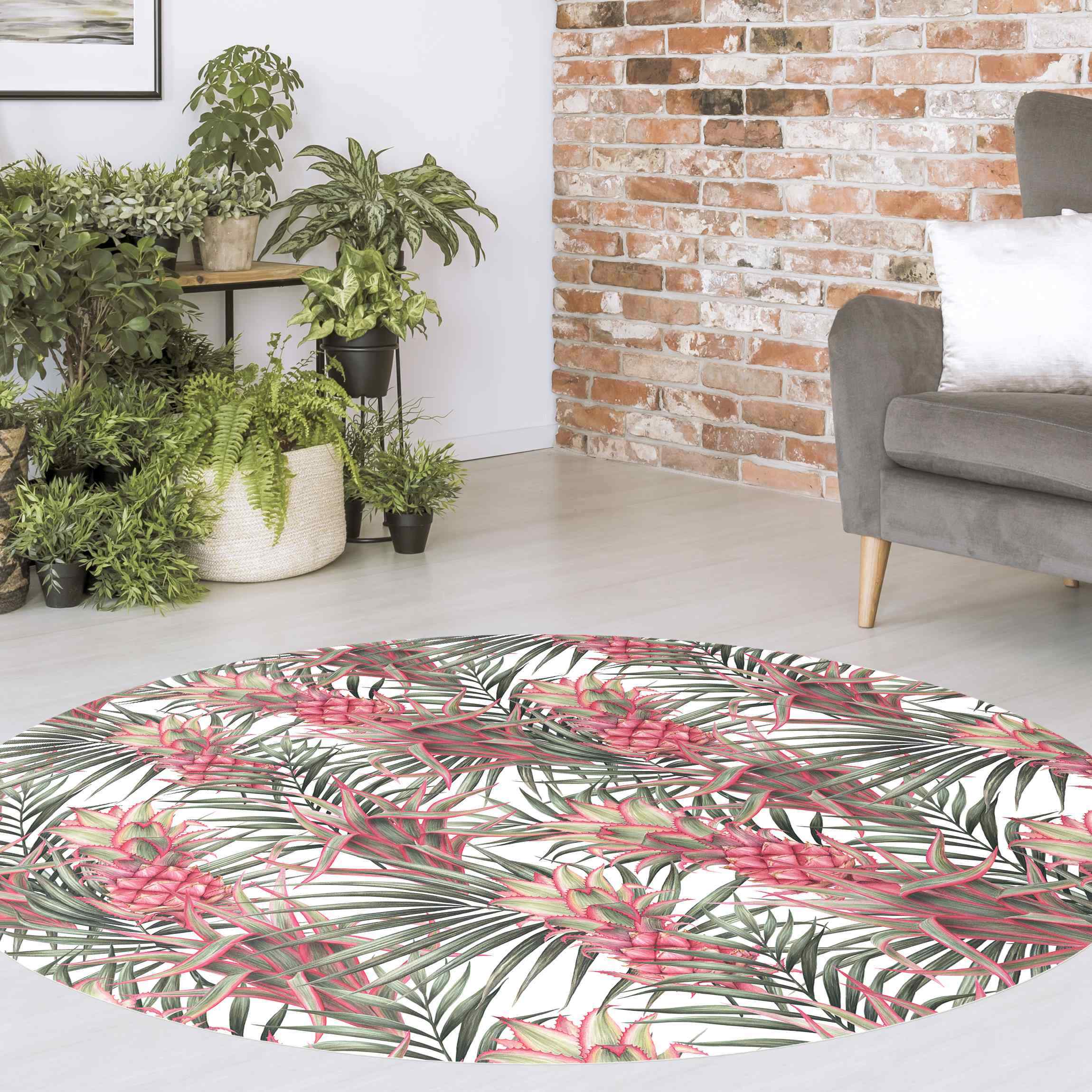 Runder Vinyl-Teppich Rote Ananas mit Palmenblättern Tropisch