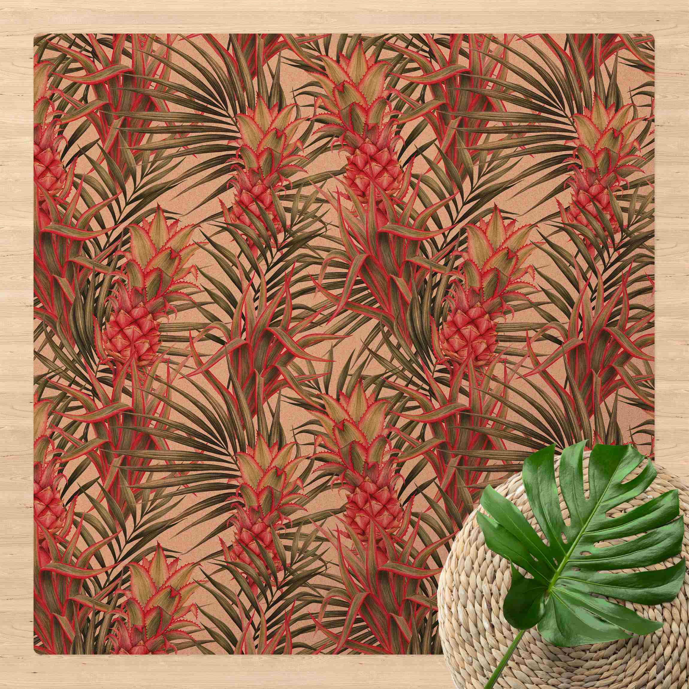 Kork-Teppich Rote Ananas mit Palmenblättern Tropisch