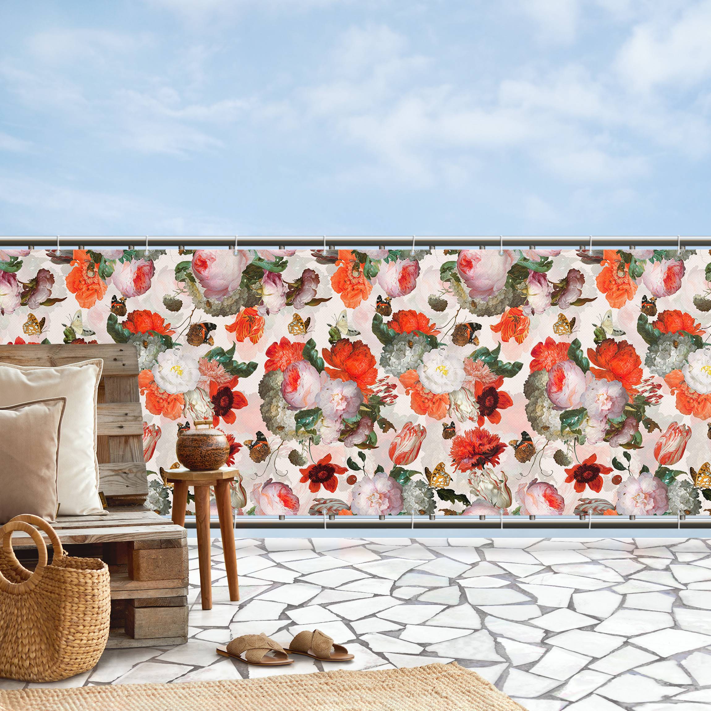 Balkon Sichtschutz Rote Blumen mit Schmetterlingen