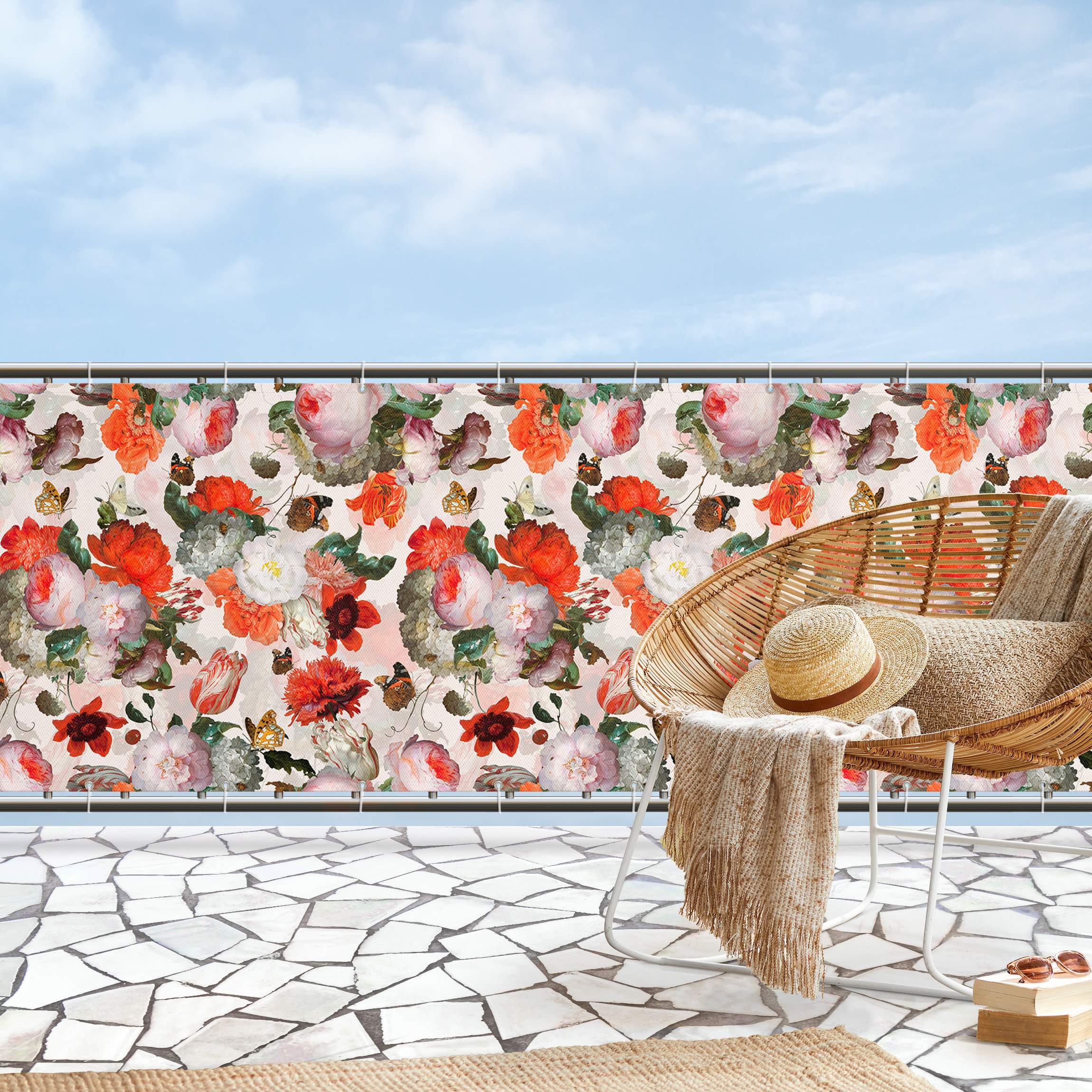 Balkon Sichtschutz Rote Blumen mit Schmetterlingen