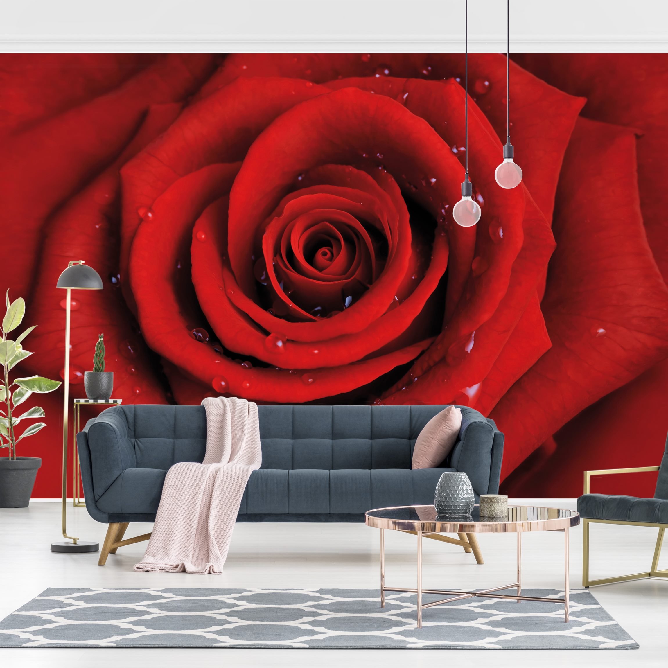 Fototapete Blumen Rote Rose mit Wassertropfen