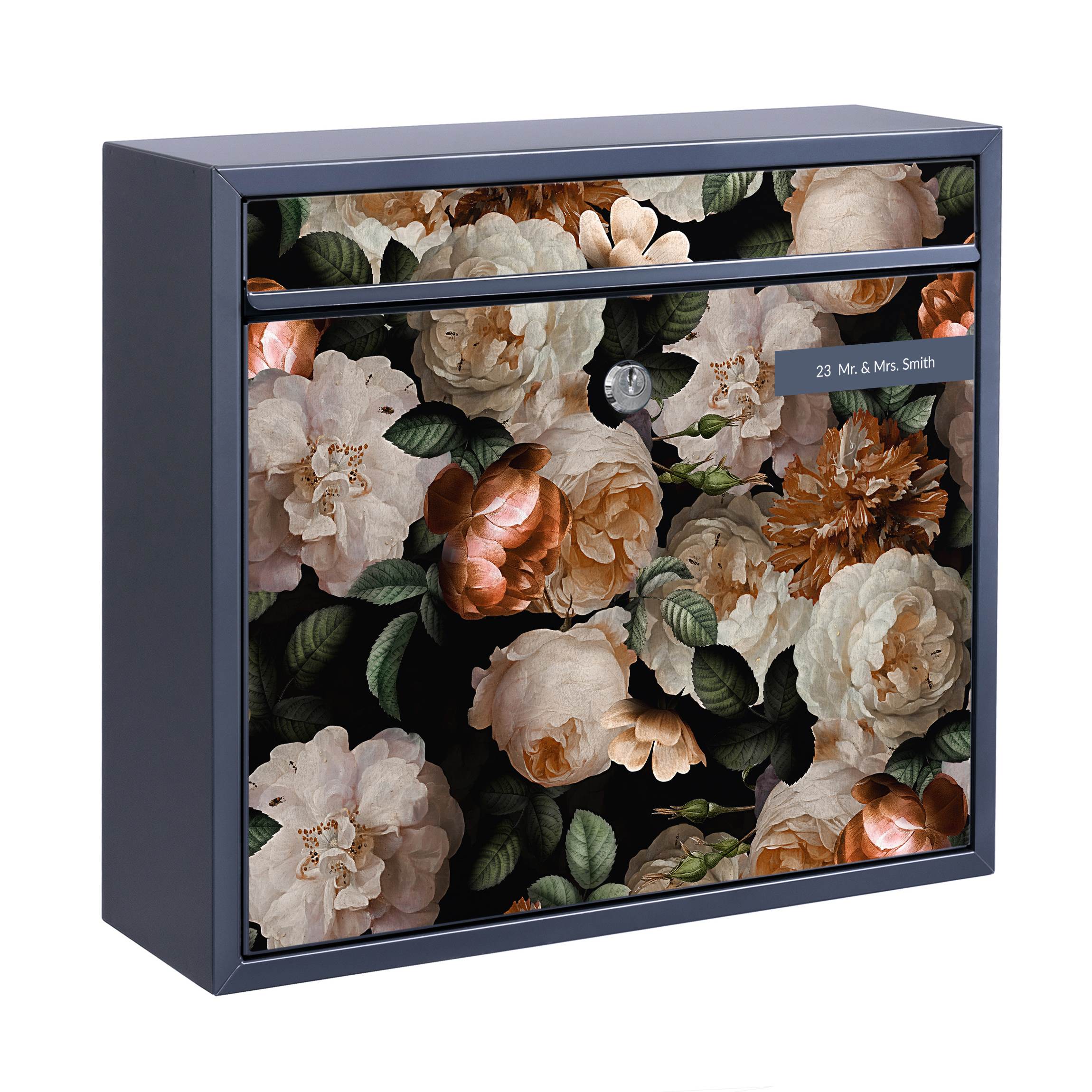 Briefkasten mit eigenem Text Rote Rosen mit Weißen Rosen II