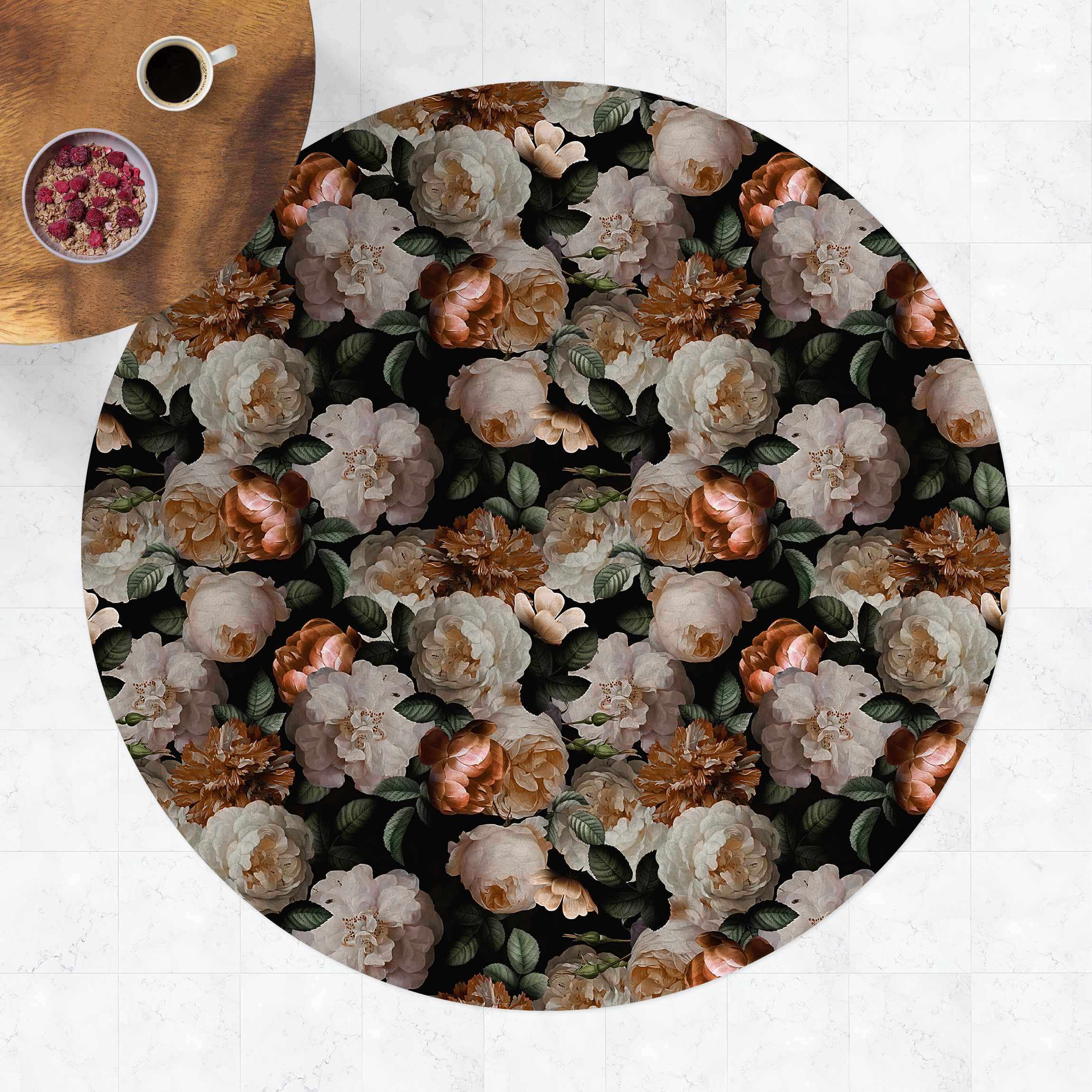 Runder Vinyl-Teppich Rote Rosen mit Weißen Rosen
