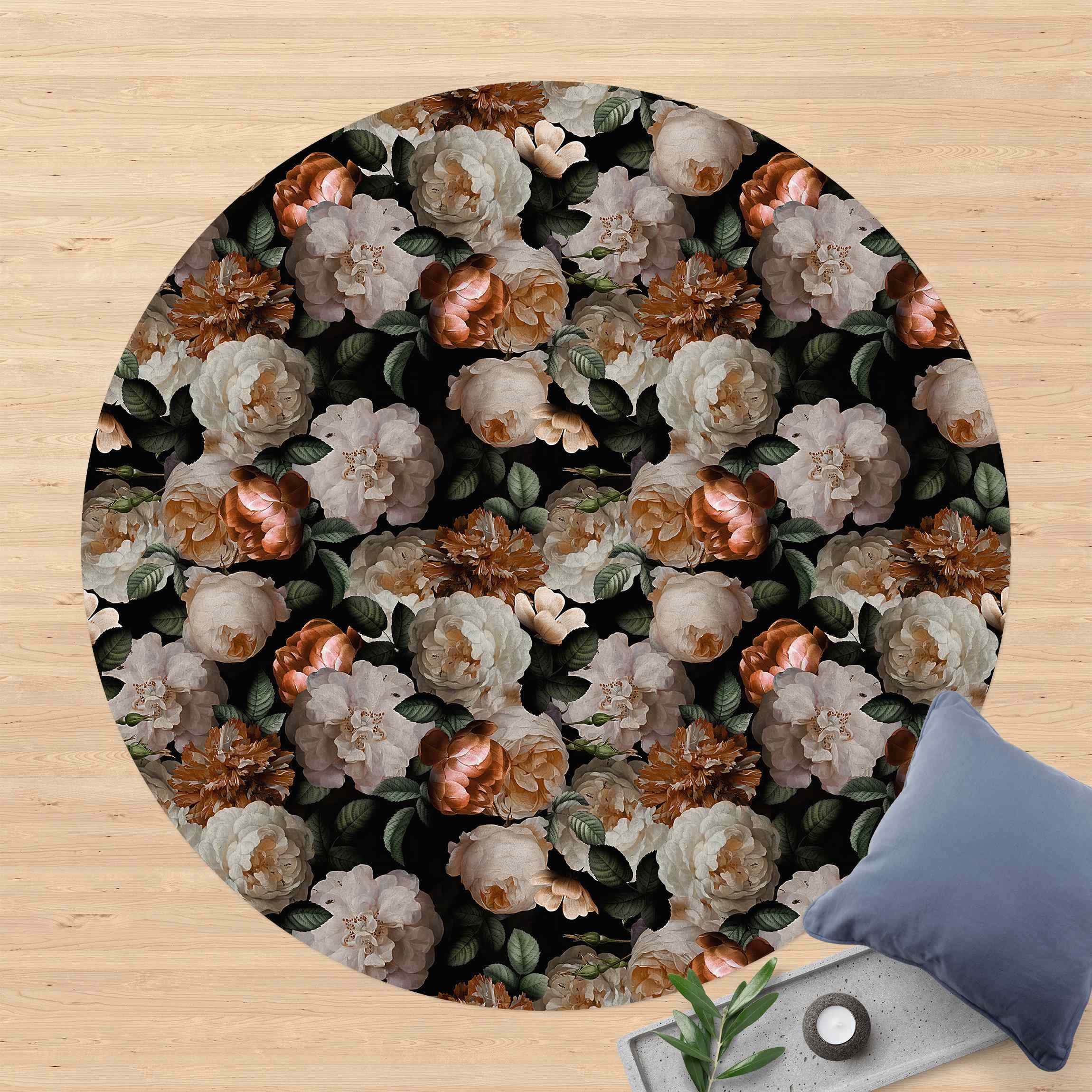 Runder Vinyl-Teppich Rote Rosen mit Weißen Rosen