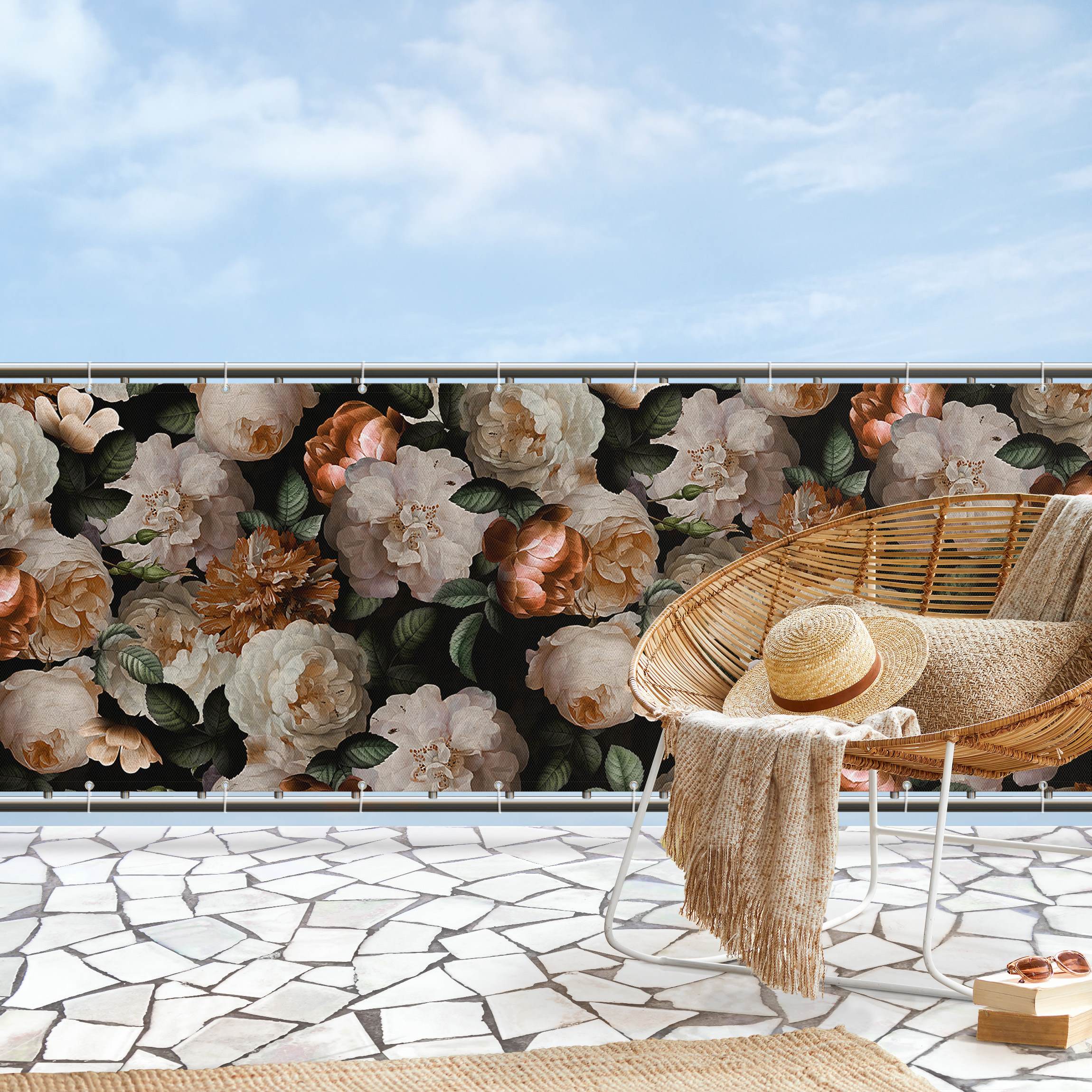 Balkon Sichtschutz Rote Rosen mit Weißen Rosen