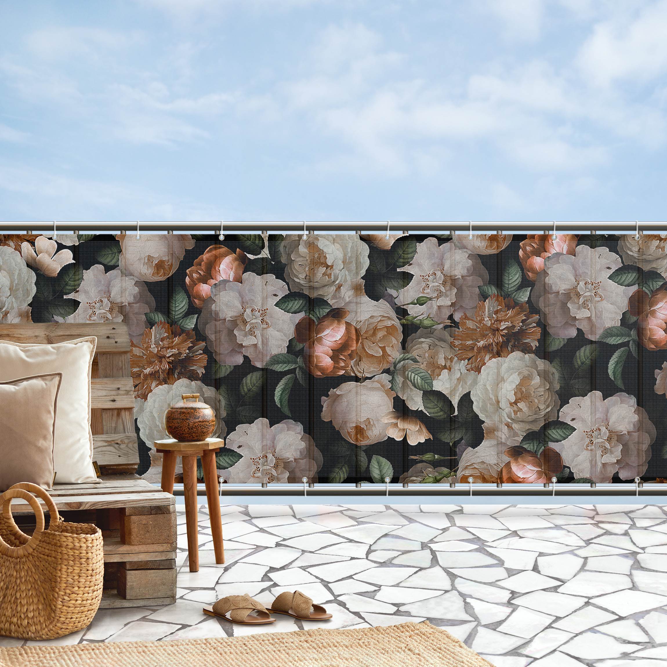 Balkon Sichtschutz Rote Rosen mit Weißen Rosen