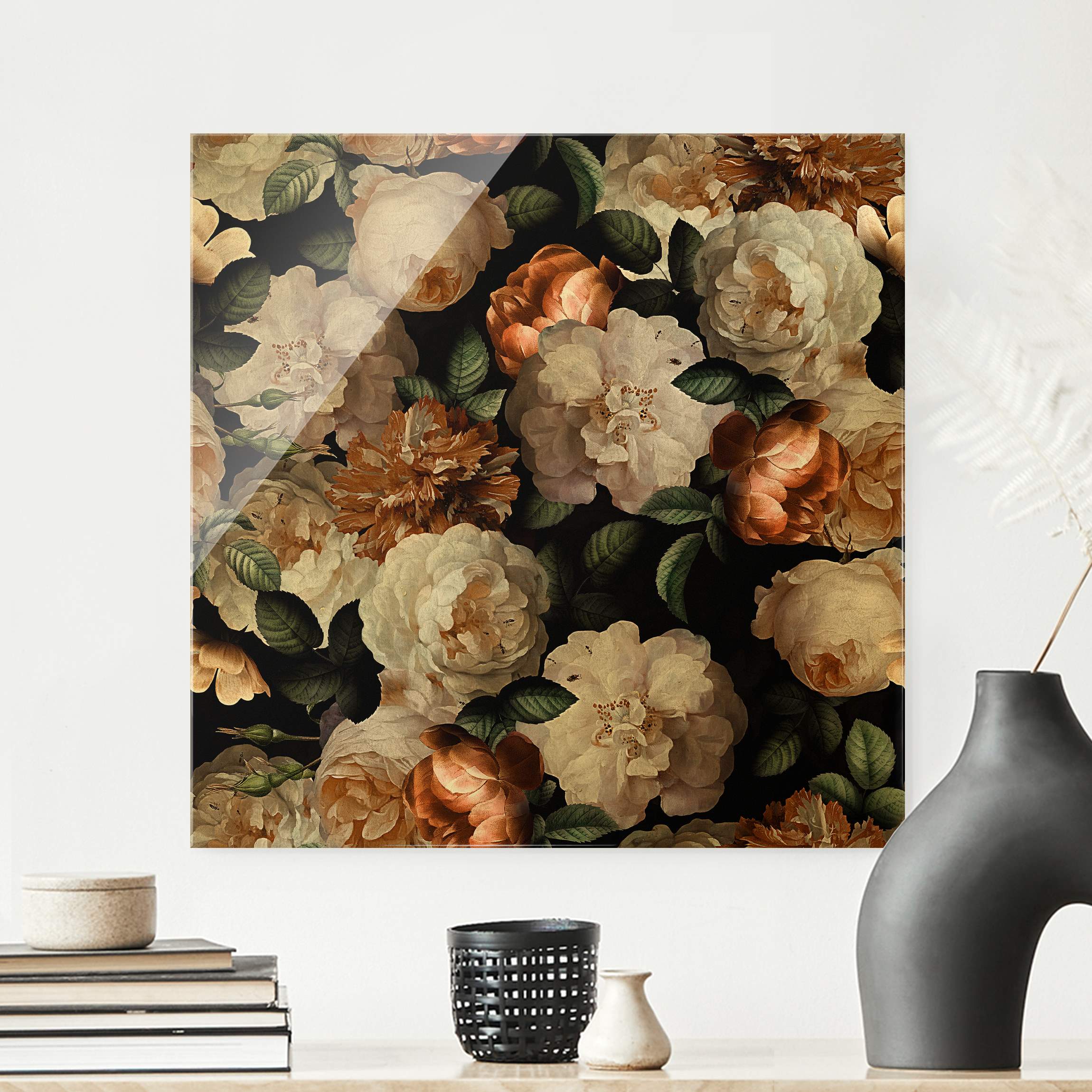 Glasbild Rote Rosen mit Weißen Rosen