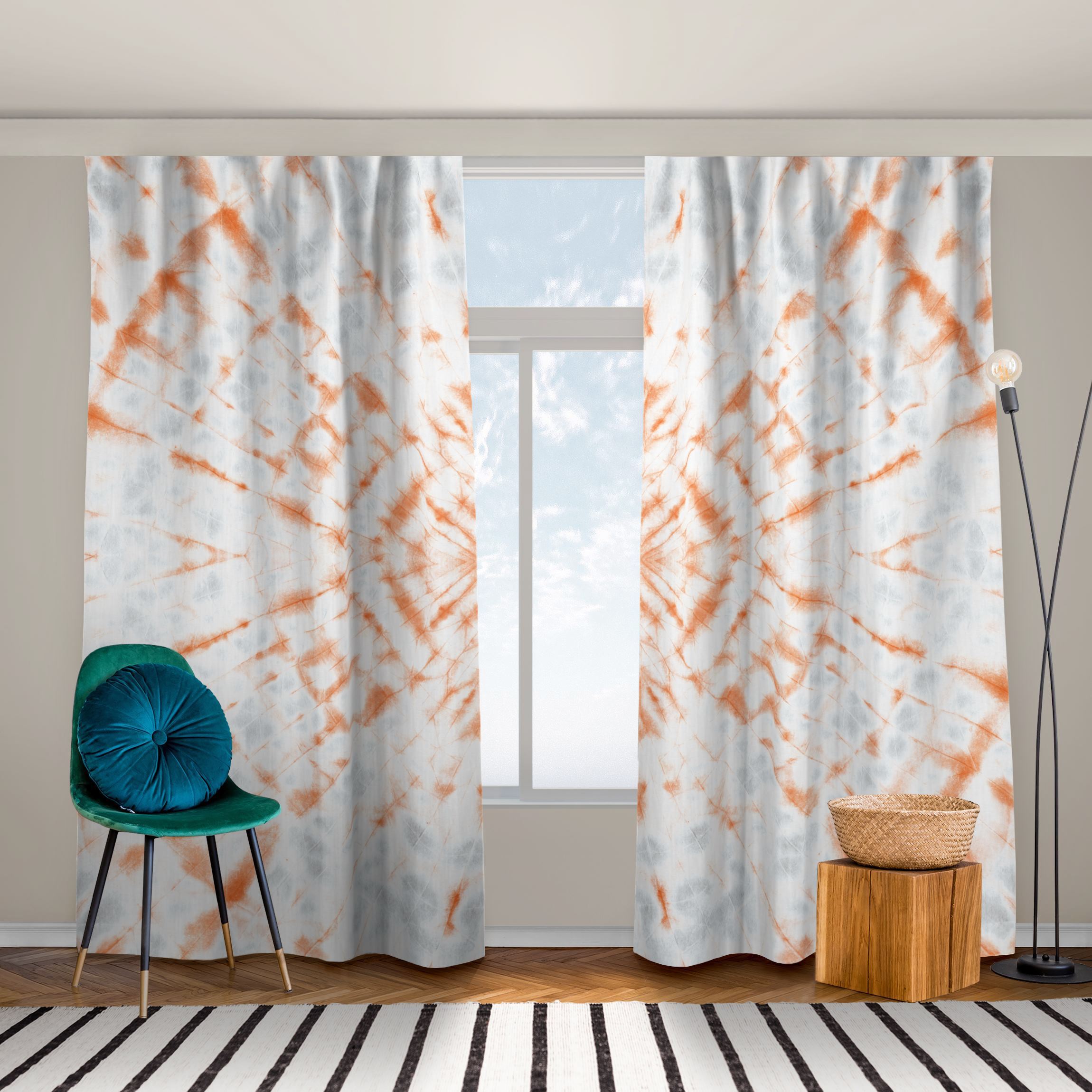 Vorhang Rote Sonne mit Blau - Batik