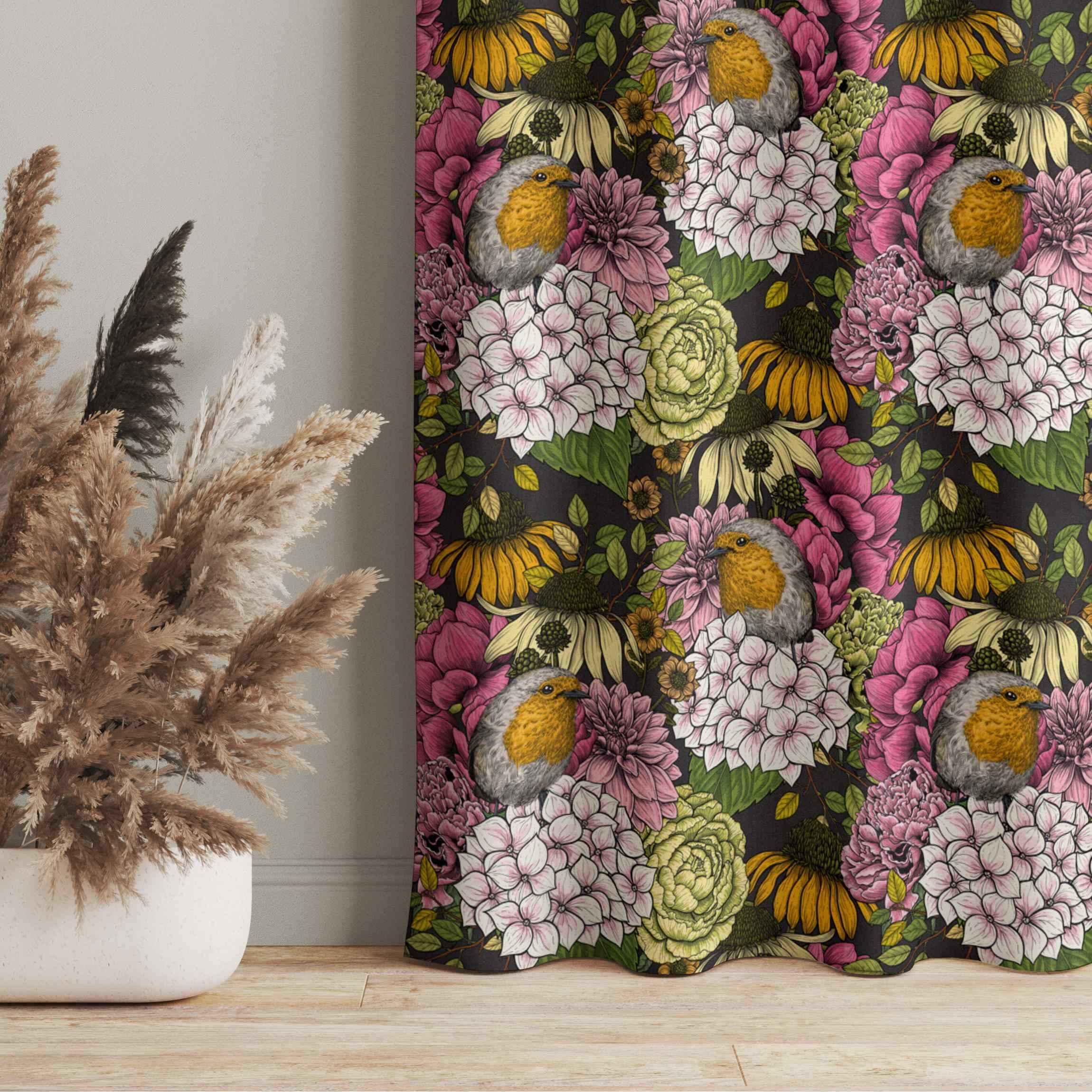 Vorhang Rotkehlchen mit Blumen