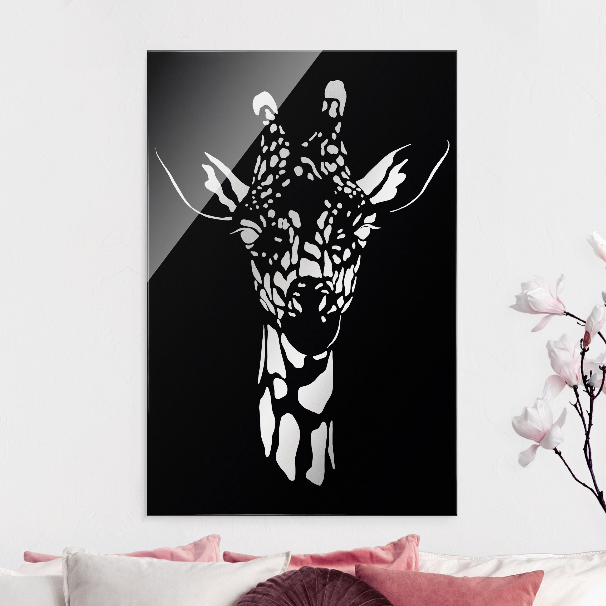 Glasbild Safari Tiere - Portrait Giraffe Schwarz