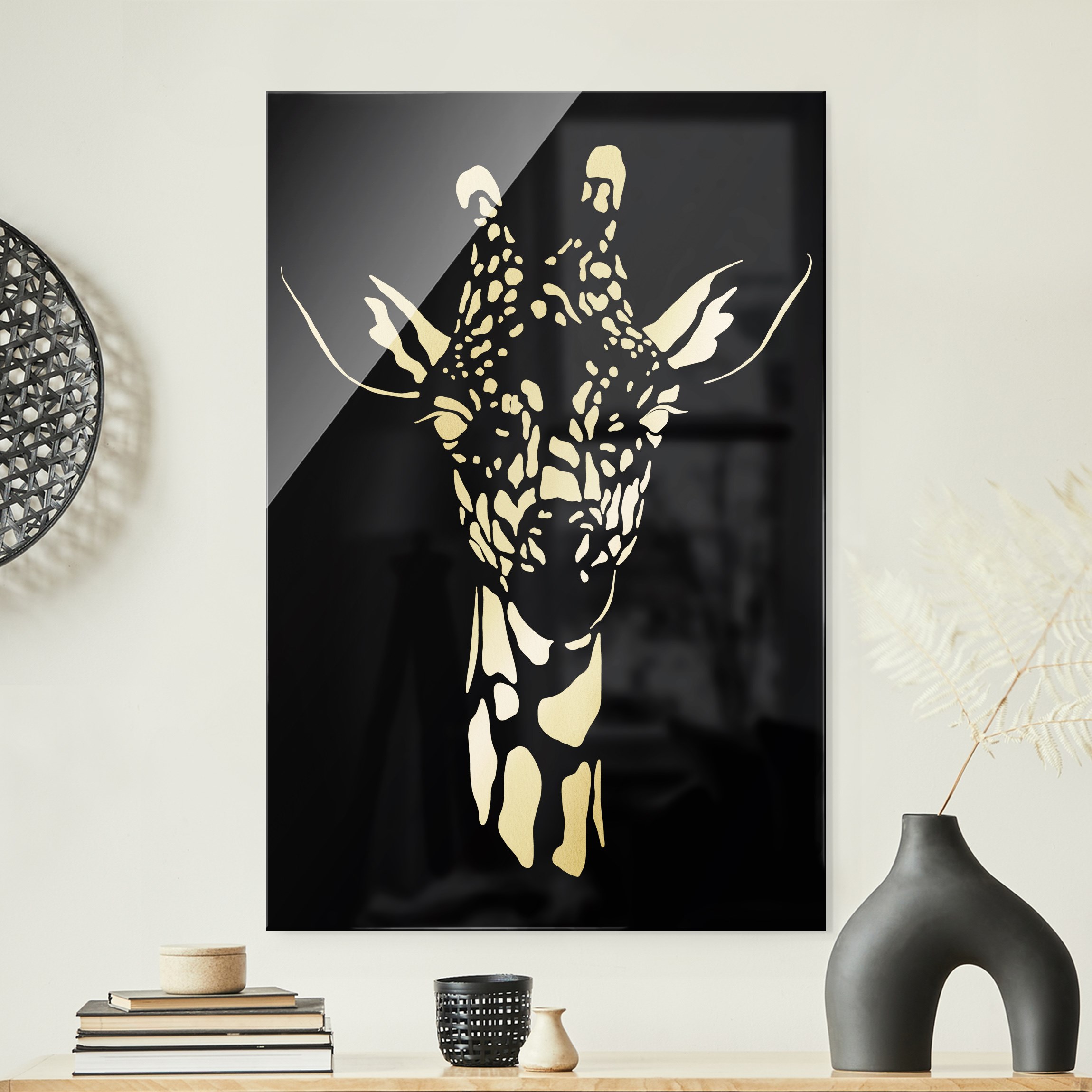 Glasbild Safari Tiere - Portrait Giraffe Schwarz