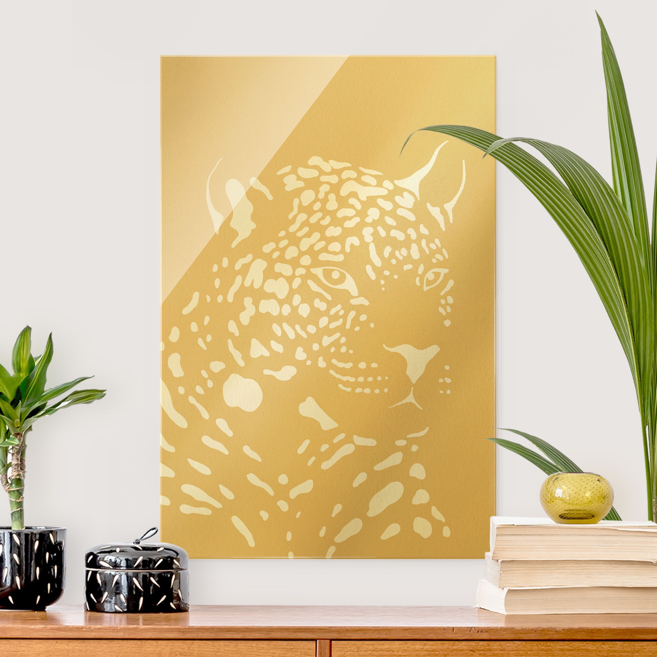 Glasbild Safari Tiere - Portrait Leopard Beige
