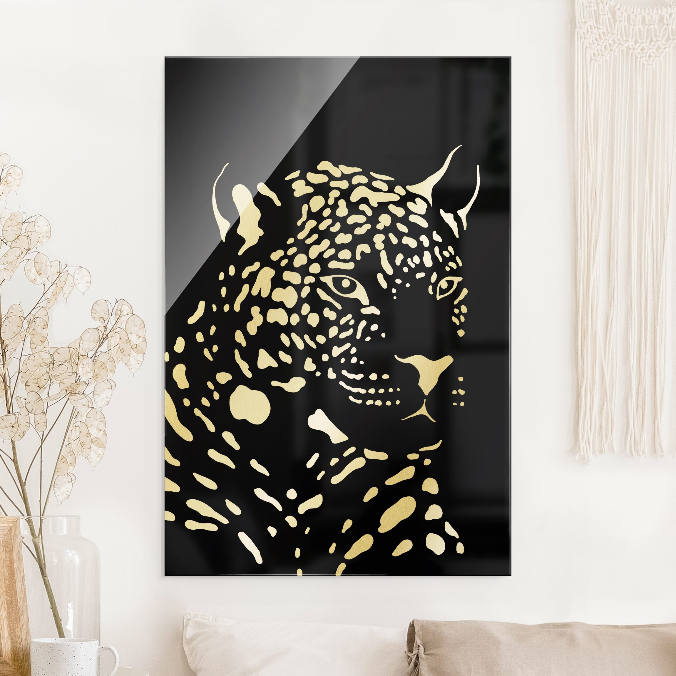 Glasbild Safari Tiere - Portrait Leopard Schwarz
