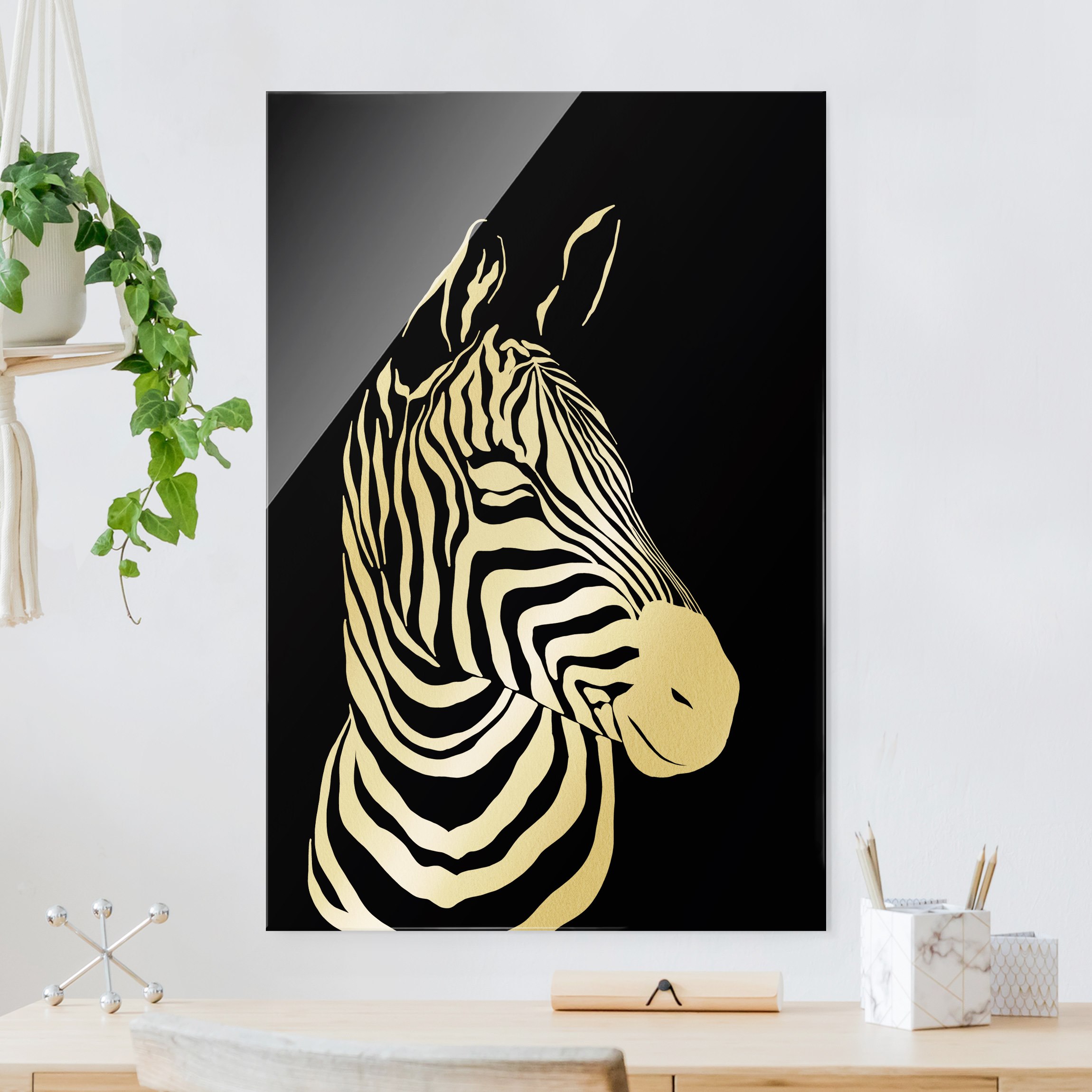 Glasbild Safari Tiere - Portrait Zebra Schwarz