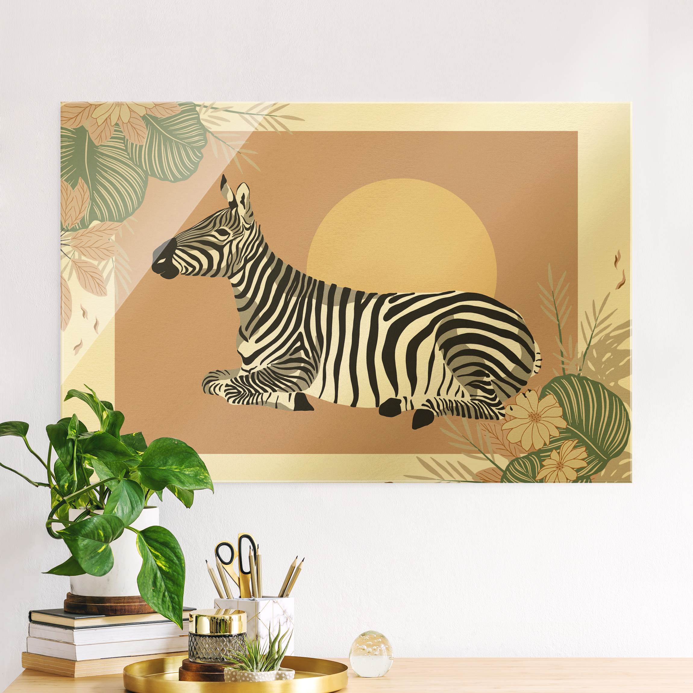 Glasbild Safari Tiere - Zebra im Sonnenuntergang