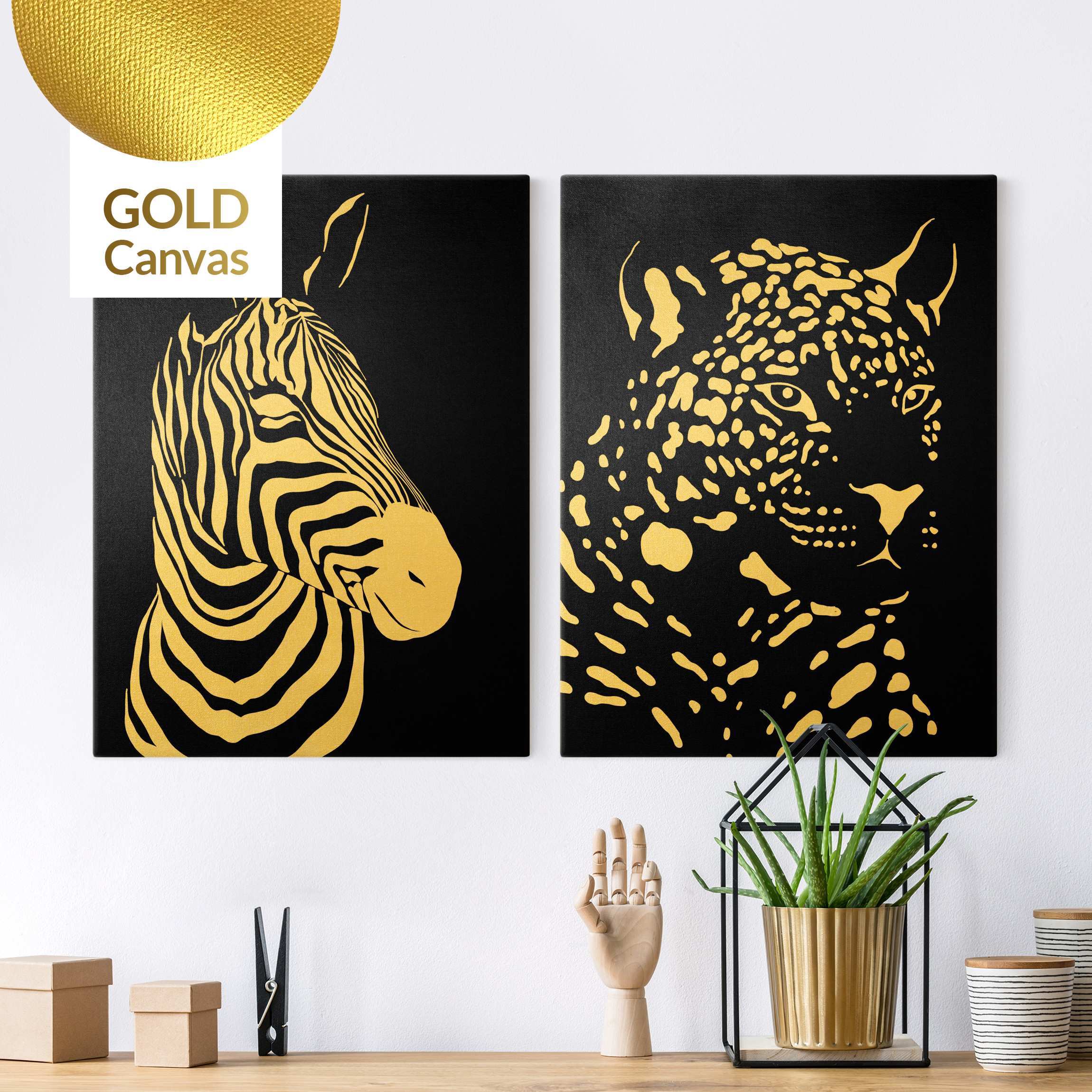 2-teiliges Leinwandbild Safari Tiere - Zebra und Leopard Schwarz