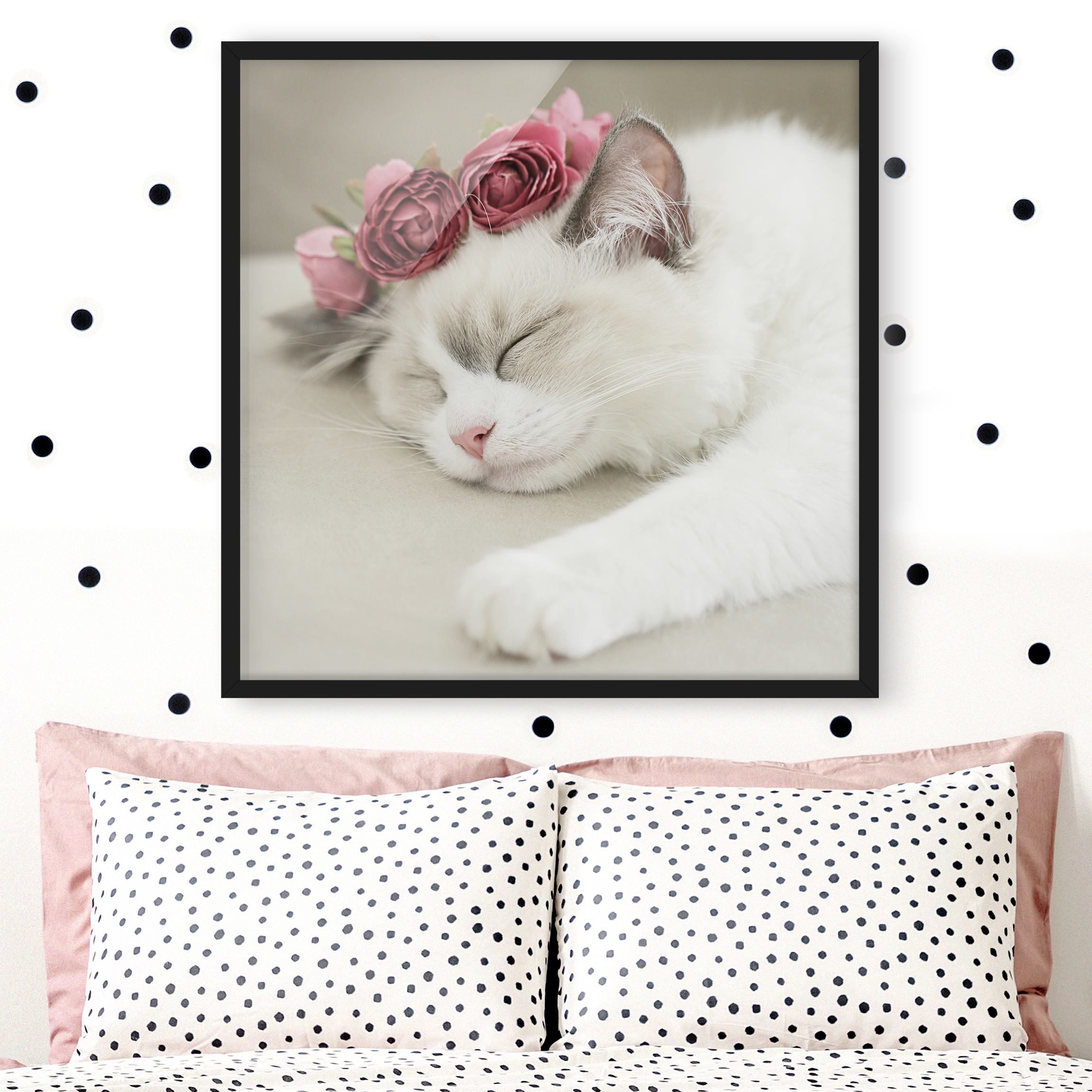 Bild mit Rahmen Schlafende Katze mit Rosen