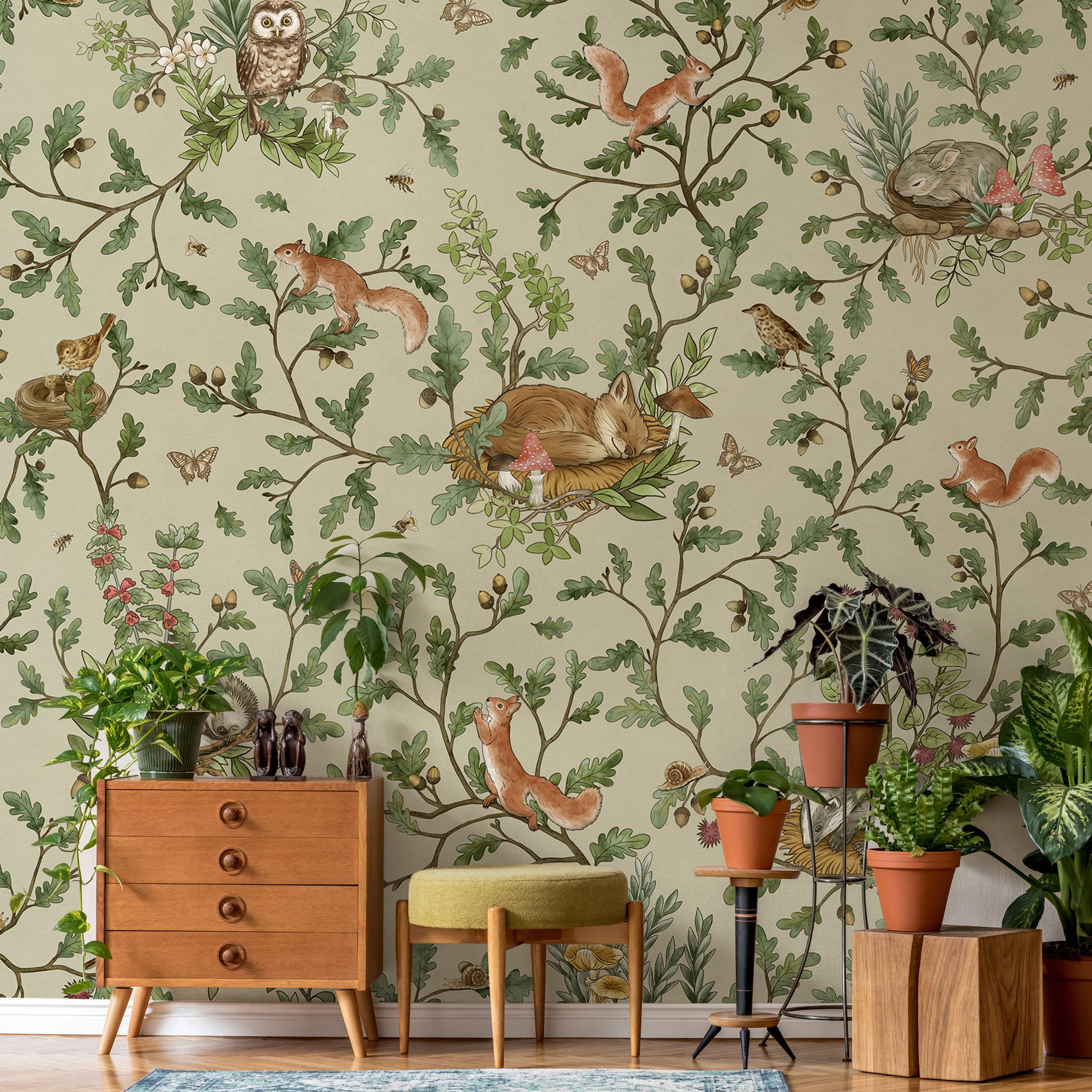 Fototapete Schlafende Tiere im Wald in Grün