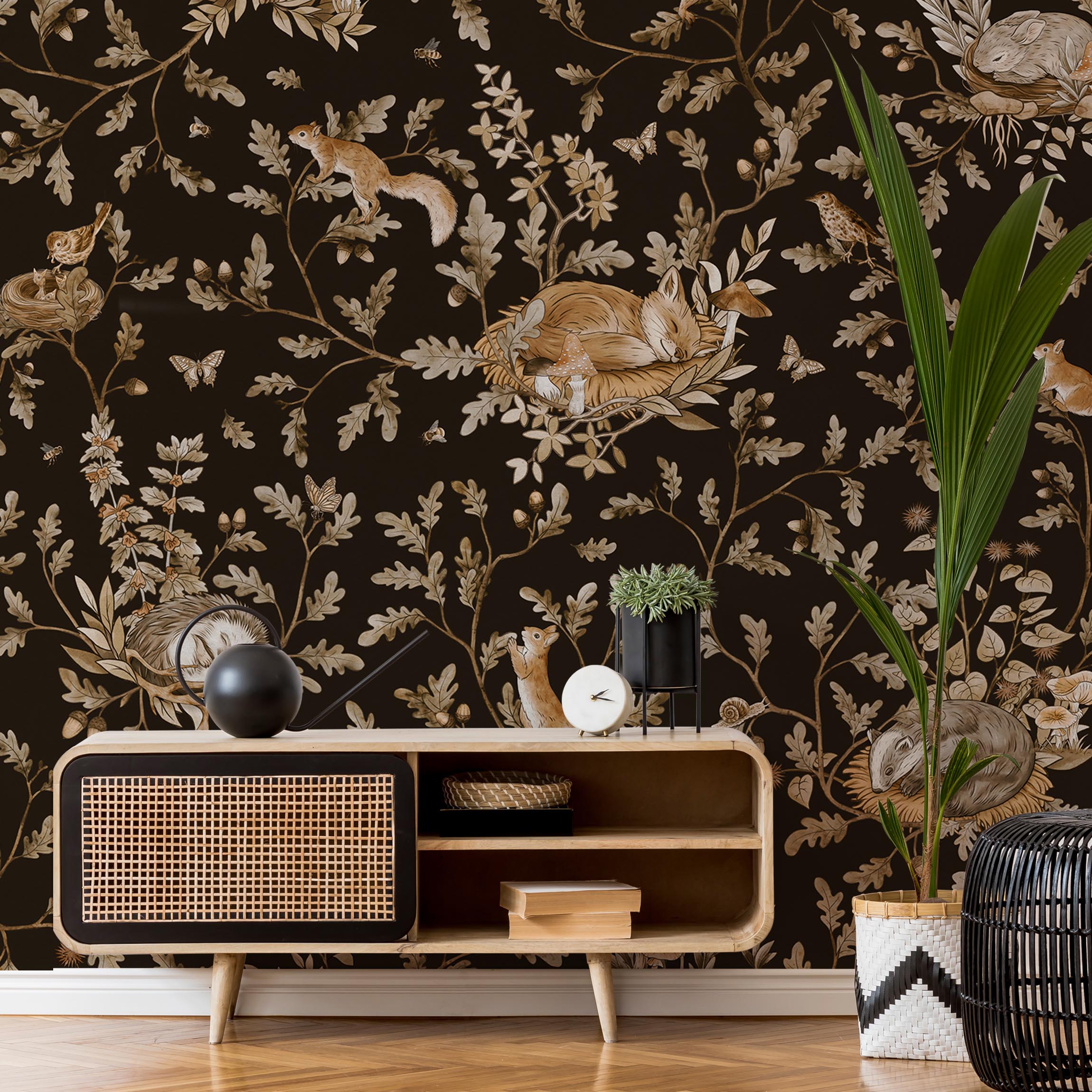 Fototapete Schlafende Tiere im Wald Vintage Schwarz