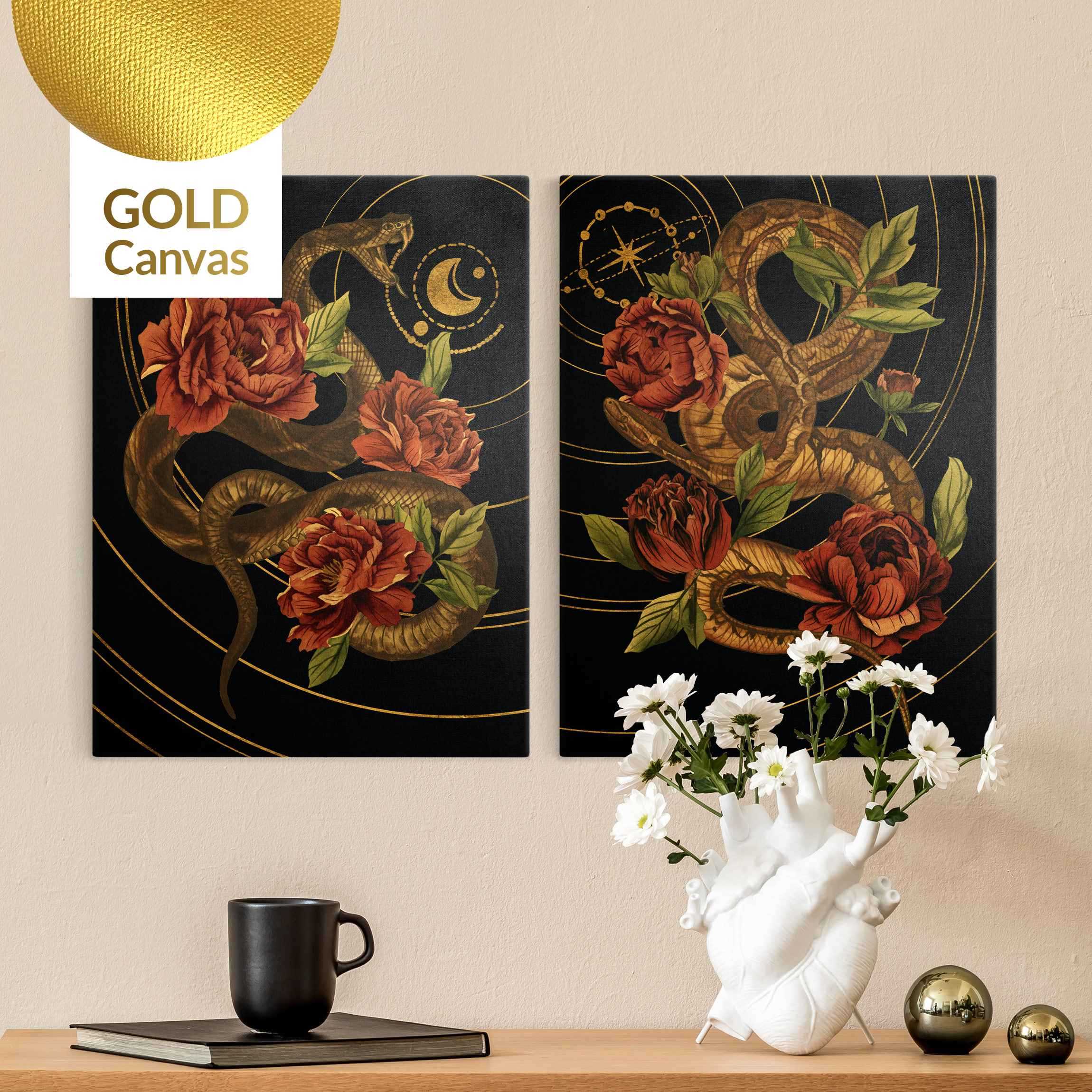 2-teiliges Leinwandbild Schlange mit Rosen Schwarz und Gold Duo