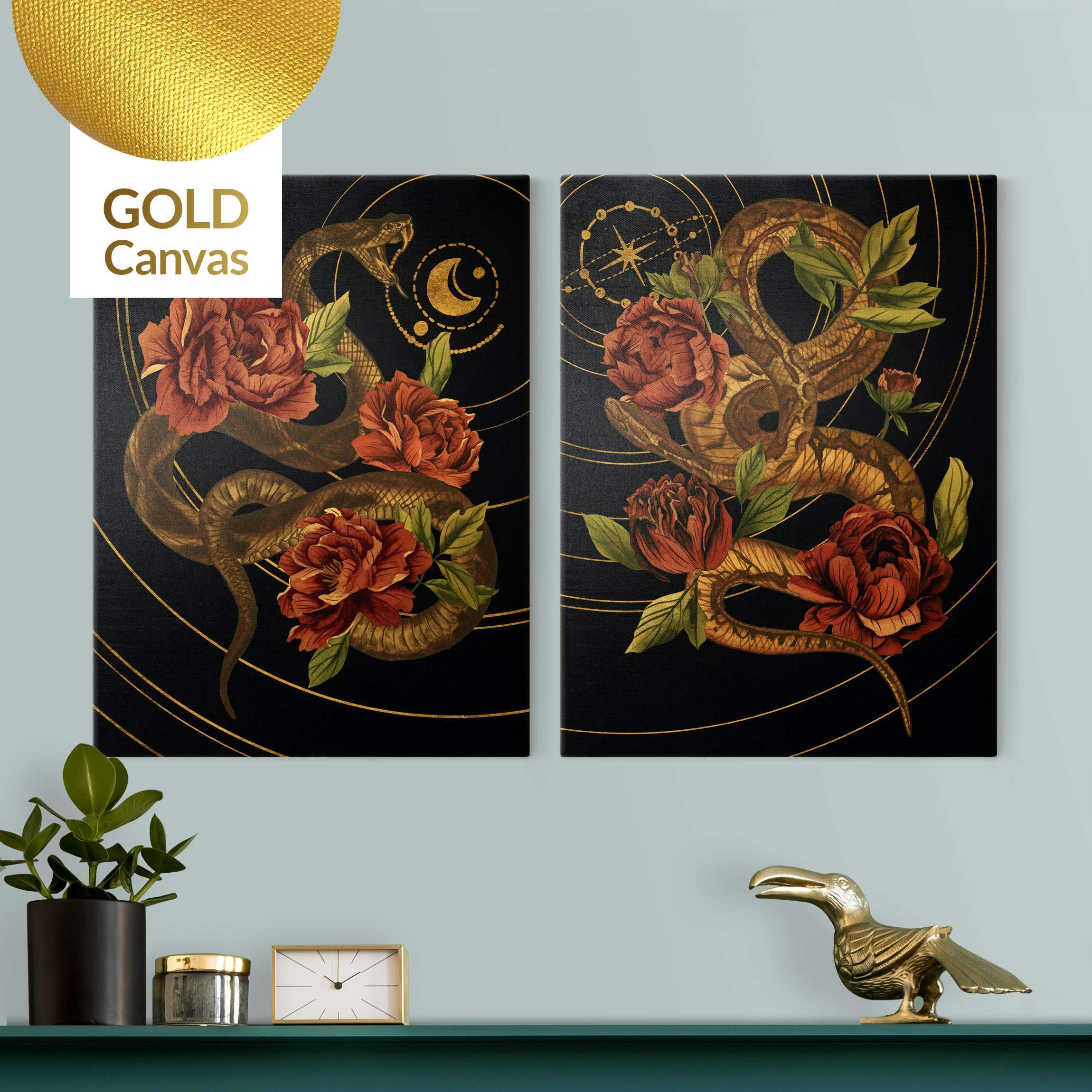 Leinwandbild 2-teilig Schlange mit Rosen Schwarz und Gold Duo
