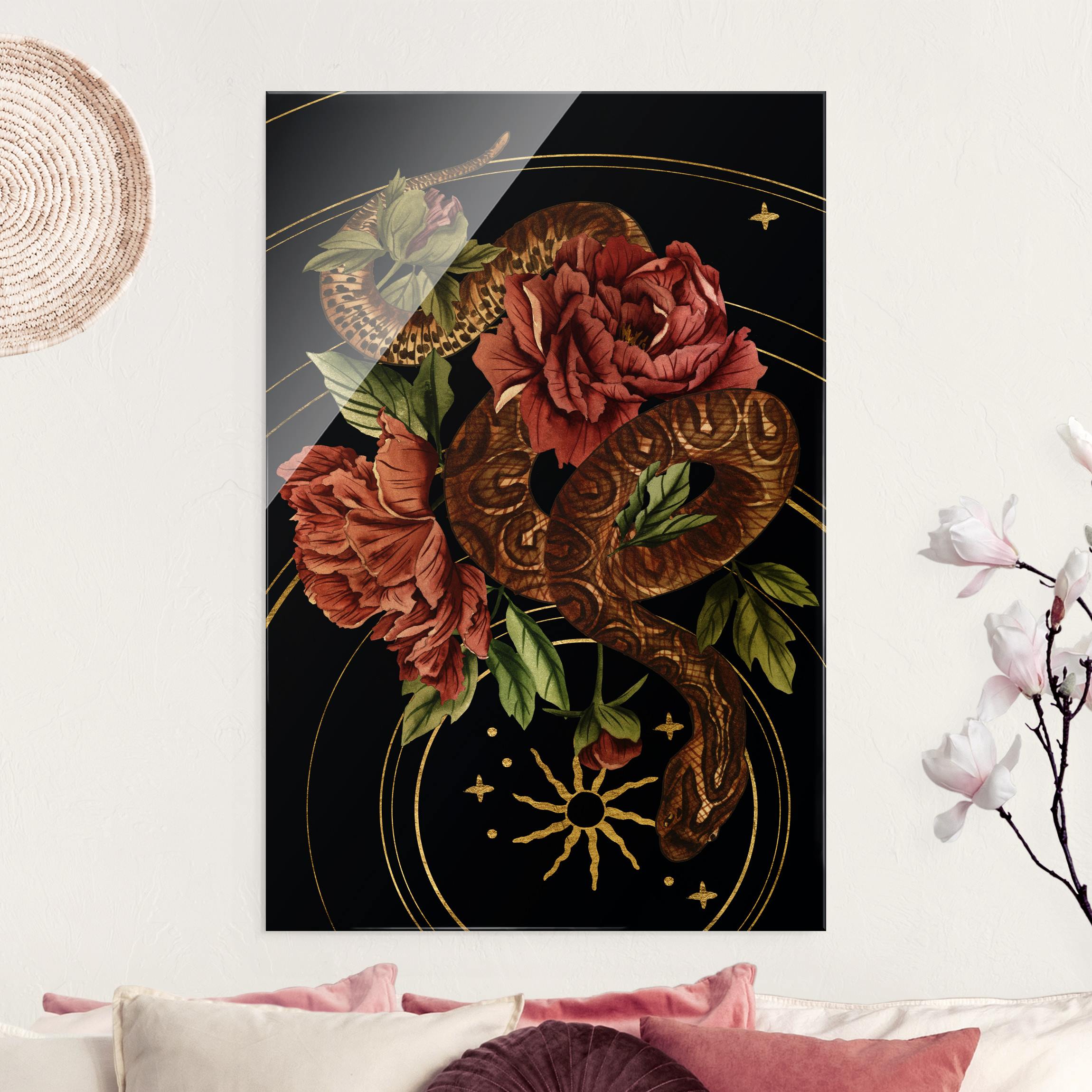 Glasbild Schlange mit Rosen Schwarz und Gold III