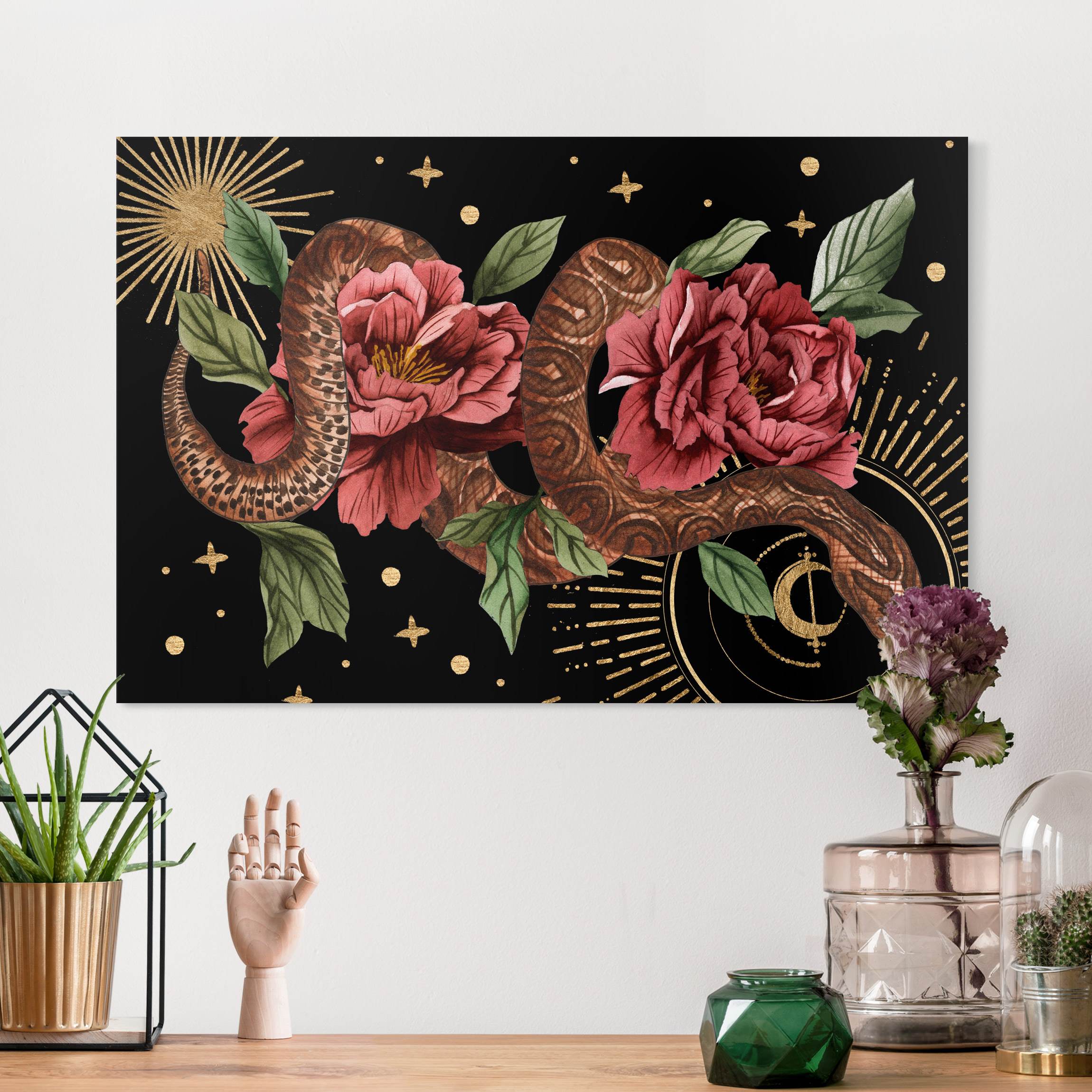 Leinwandbild Schlangen mit Rosen vor Schwarz und Gold II