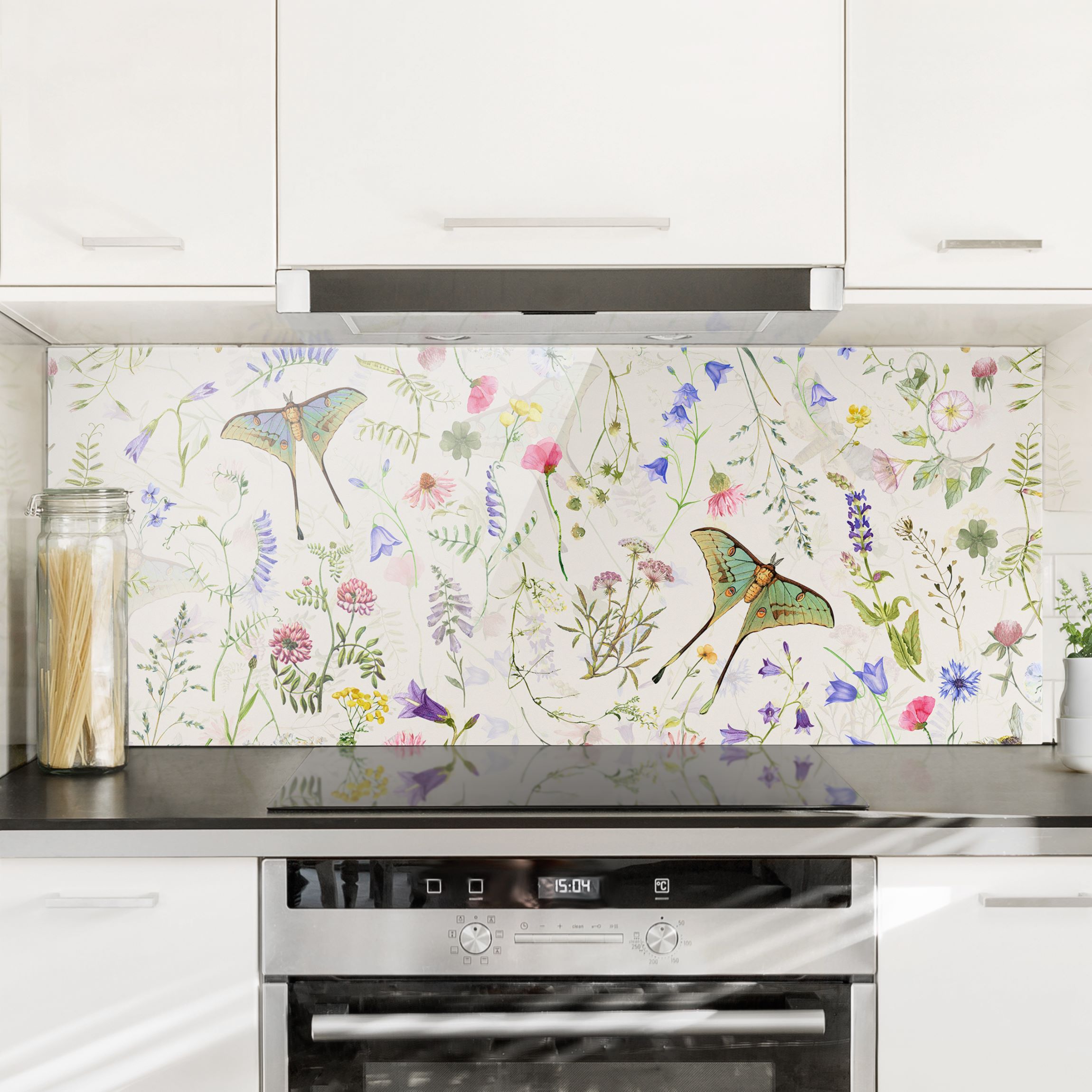 Spritzschutz Schmetterlinge mit Blumen auf Creme