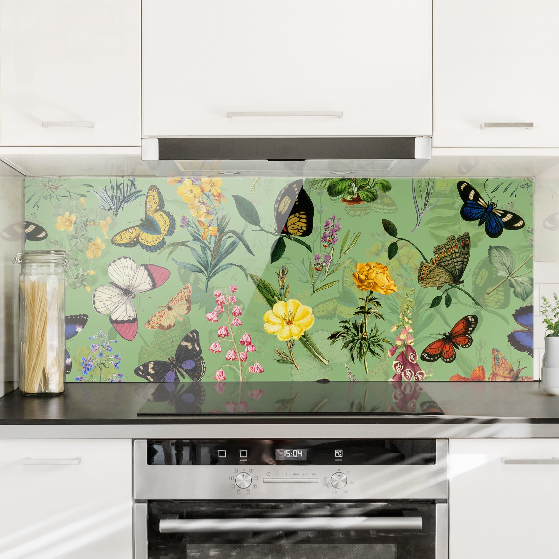 Spritzschutz Schmetterlinge mit Blumen auf Grün