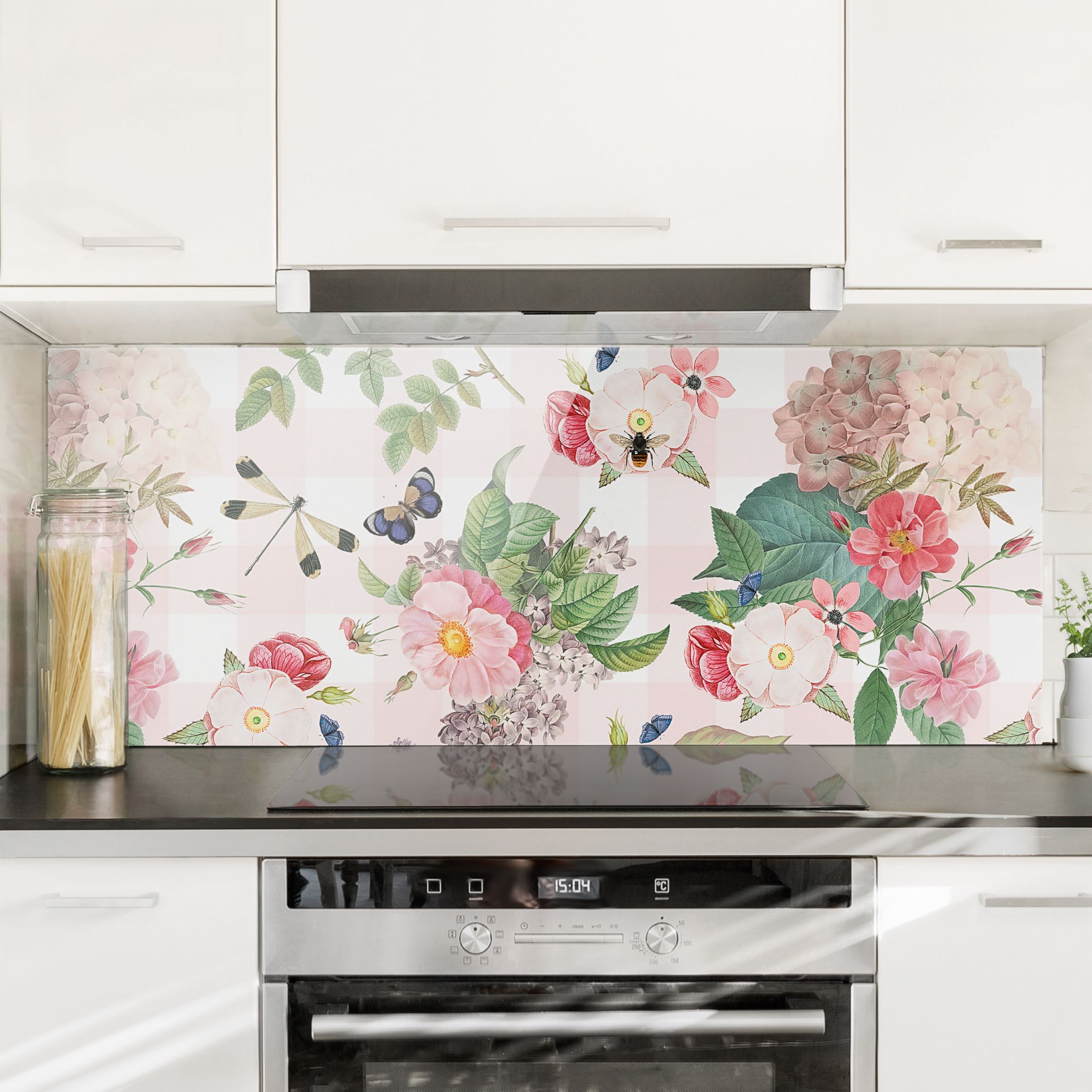 Spritzschutz Schmetterlinge mit rosa Blumen