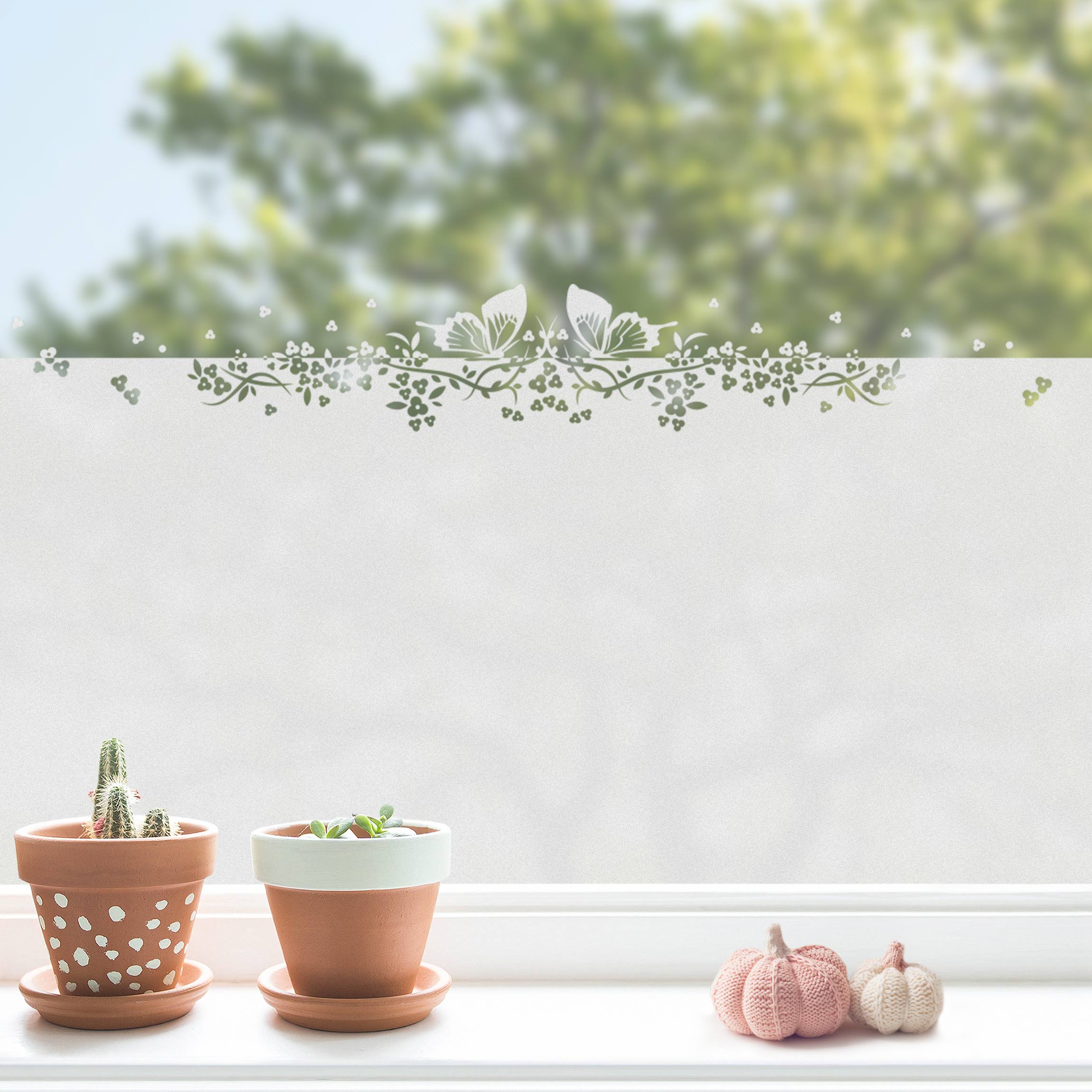 Fensterfolie Sichtschutz Schmetterlingsflug mit Blumenranke Bordüre