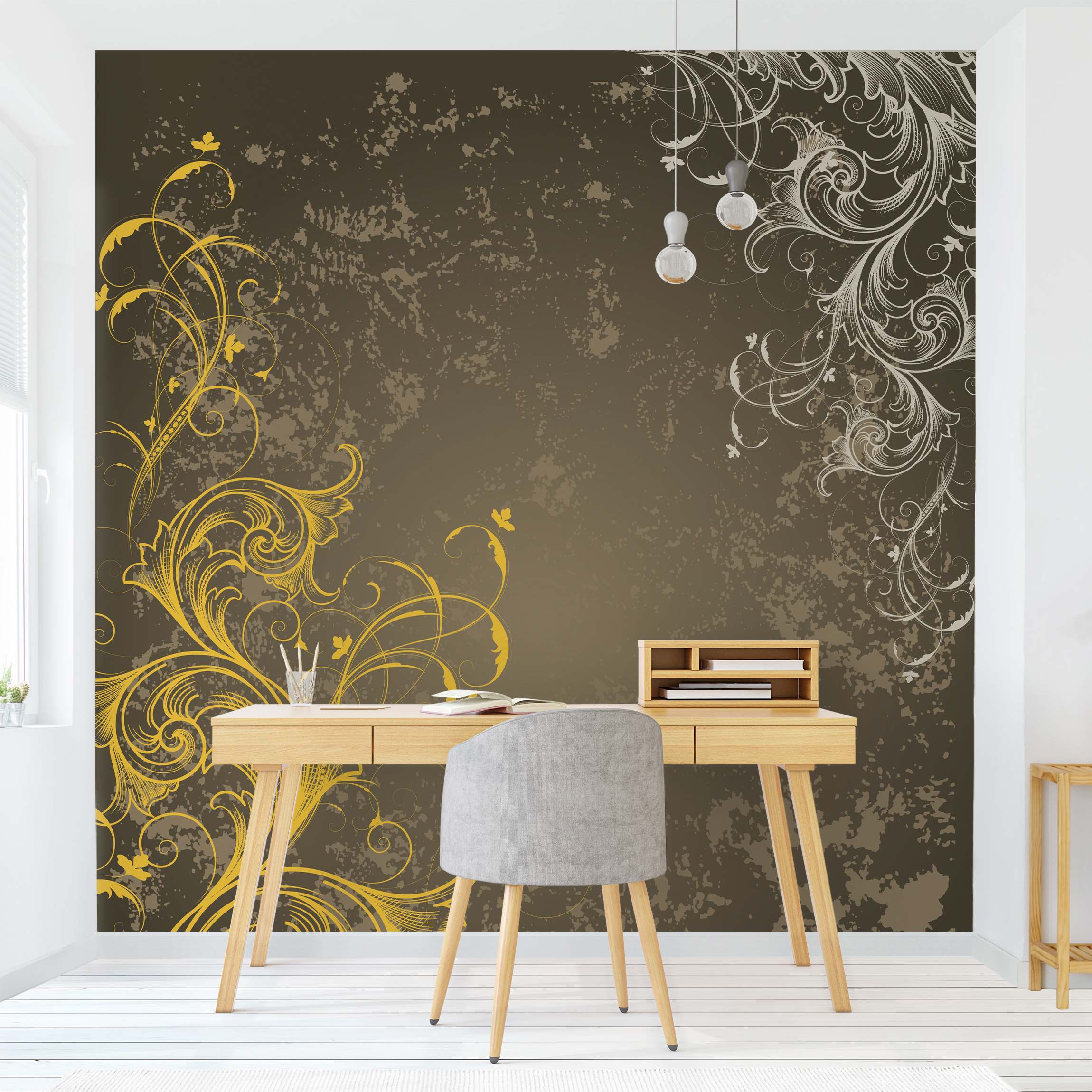 Mustertapete Schnörkel in Gold und Silber