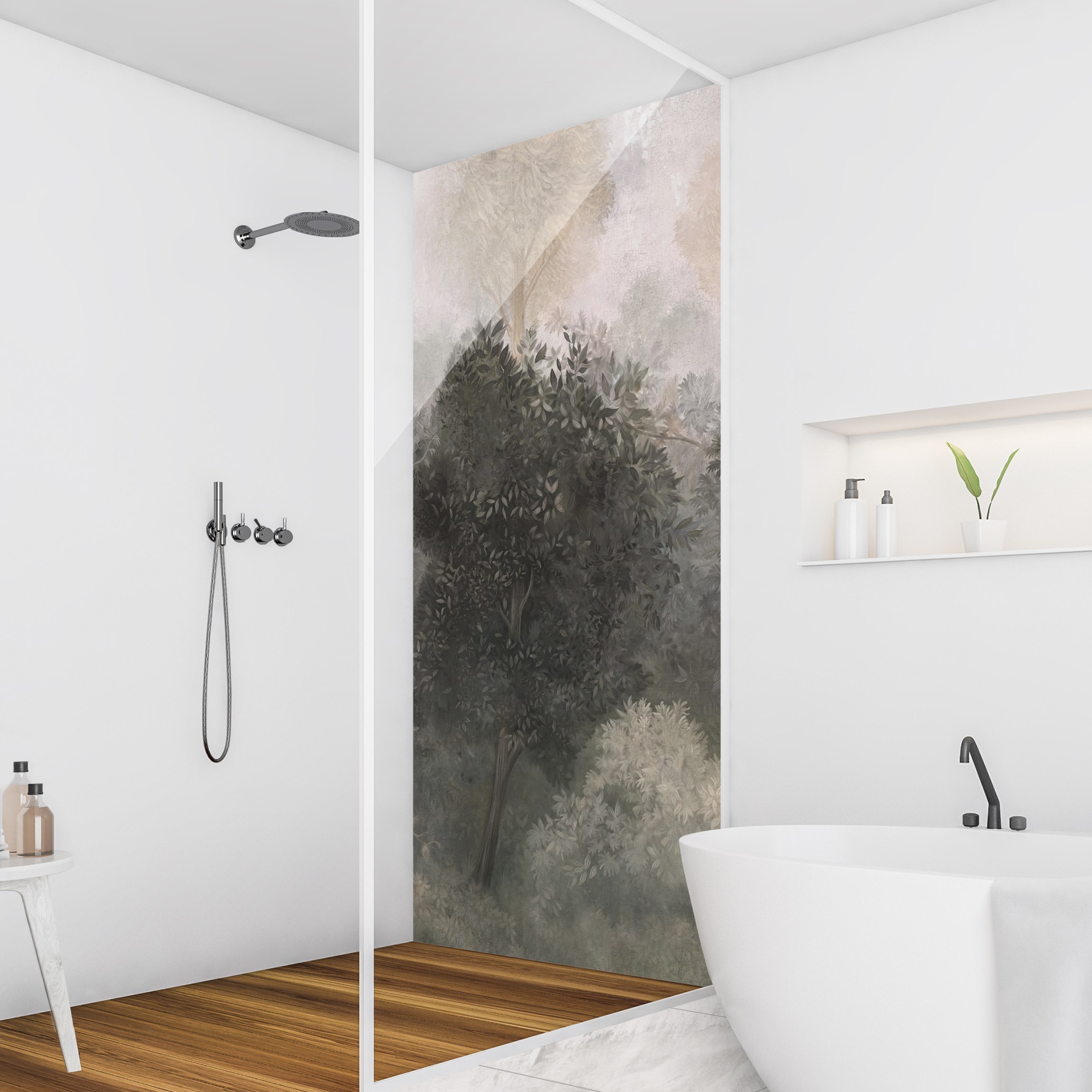 Duschrückwand Schwalben über Baumkronen