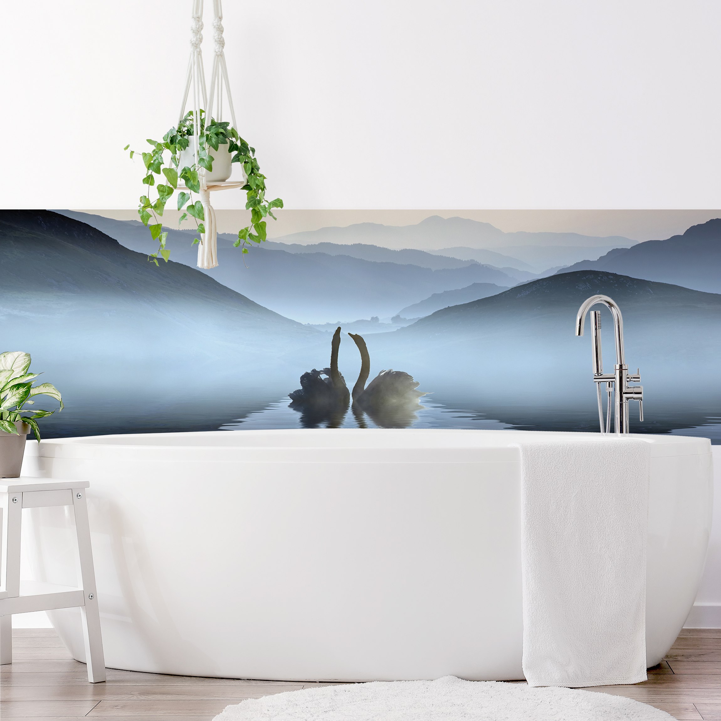 Wandverkleidung Bad Schwanenpaar im Nebel