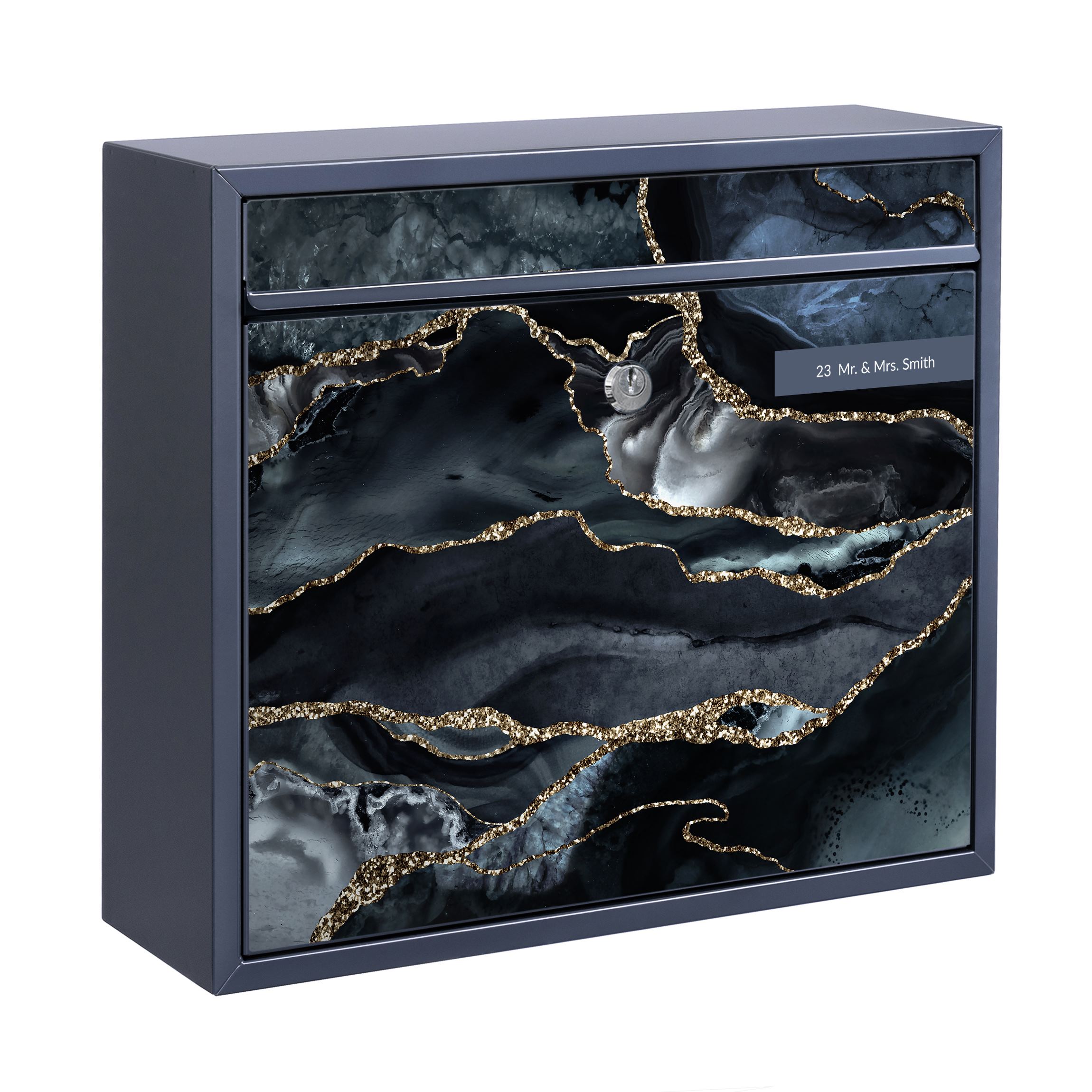 Briefkasten mit eigenem Text Schwarz mit Glitzer Gold