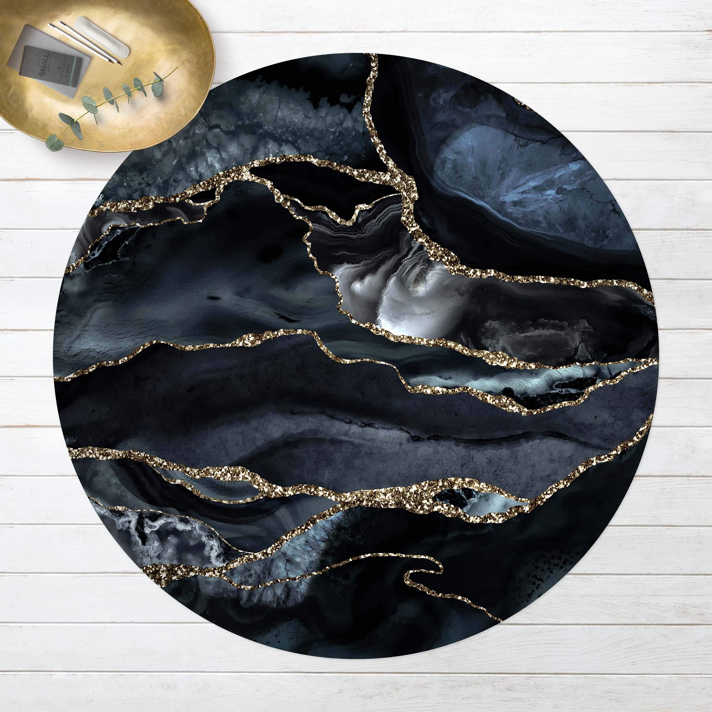 Runder Vinyl-Teppich Schwarz mit Glitzer Gold