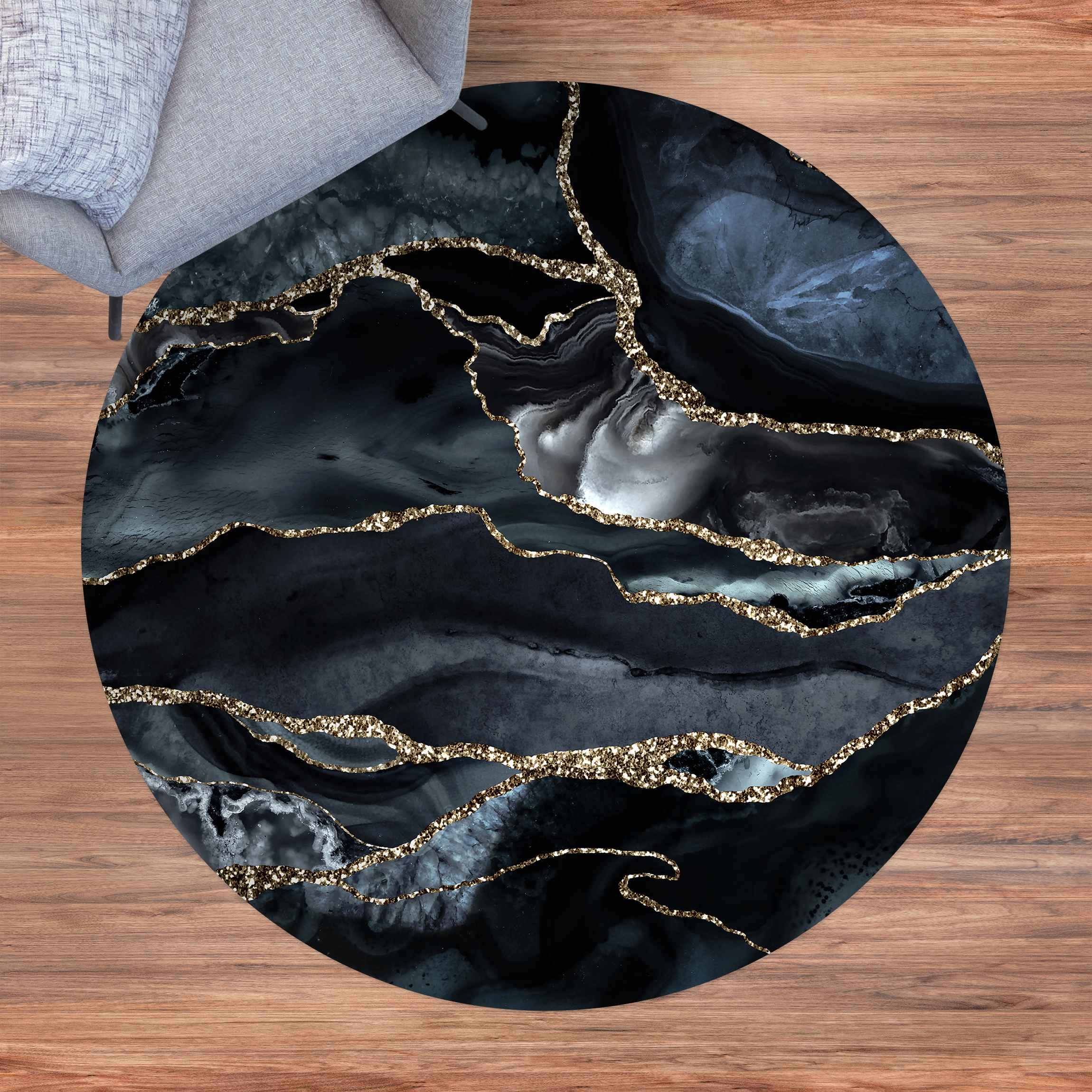 Runder Vinyl-Teppich Schwarz mit Glitzer Gold