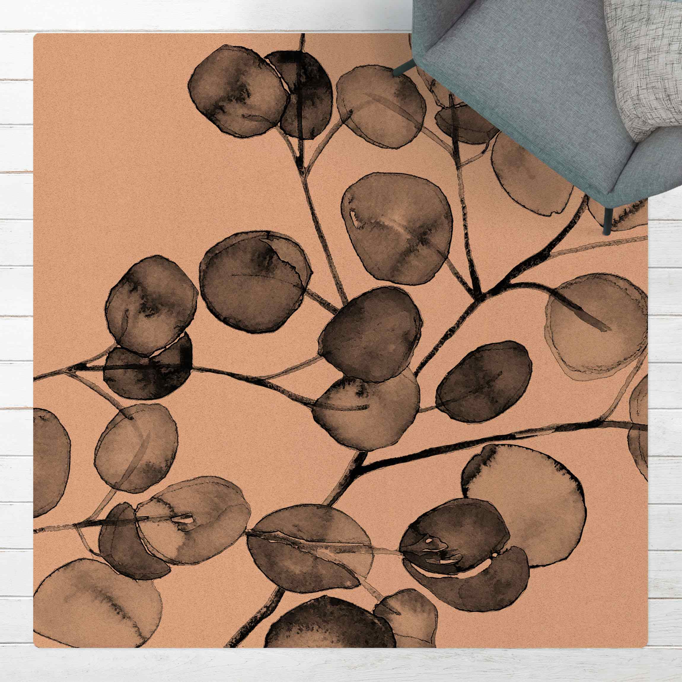 Kork-Teppich Schwarz Weiß Aquarell Eukalyptuszweig