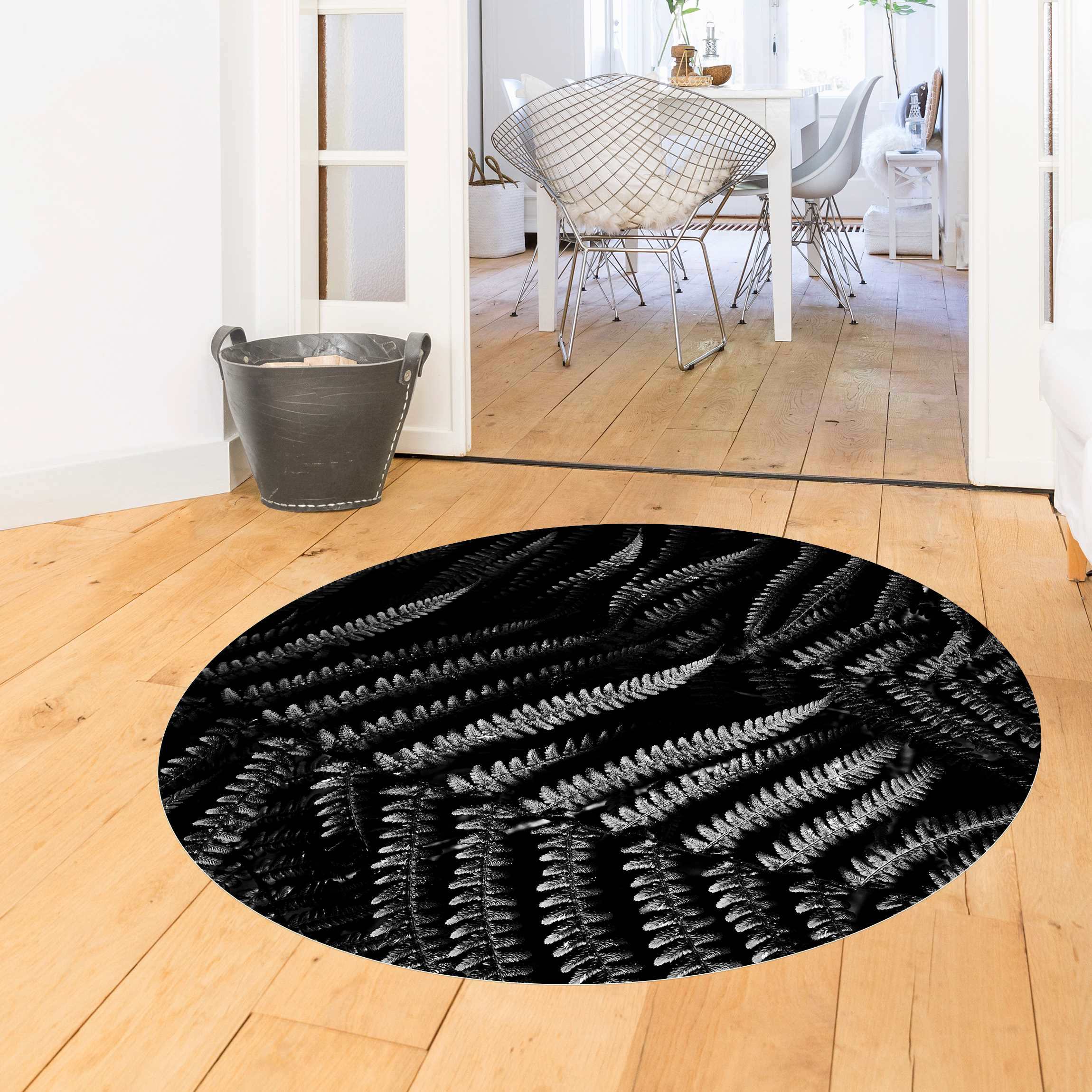 Runder Vinyl-Teppich Schwarz Weiß Botanik Farn