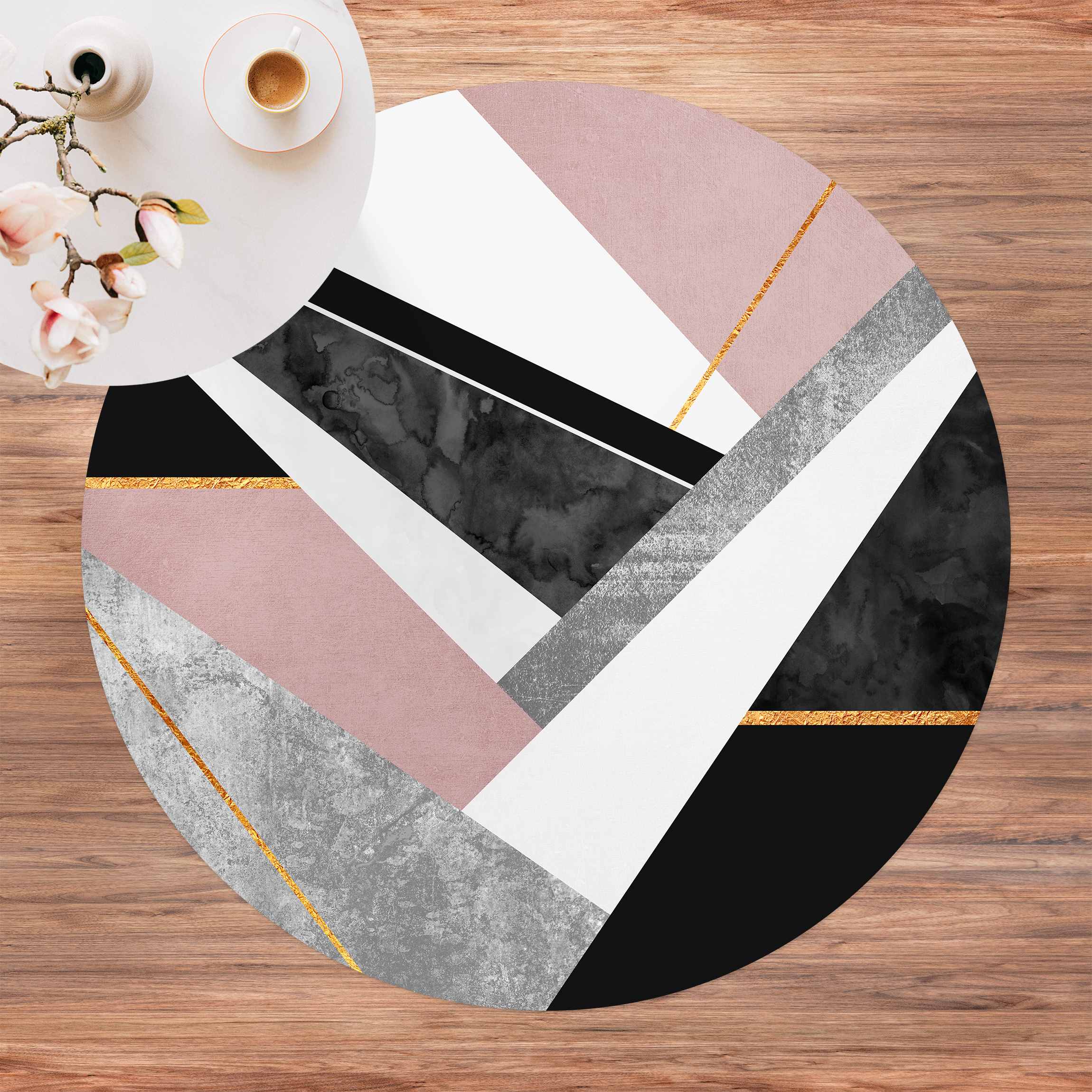 Runder Vinyl-Teppich Schwarz Weiß Geometrie mit Gold