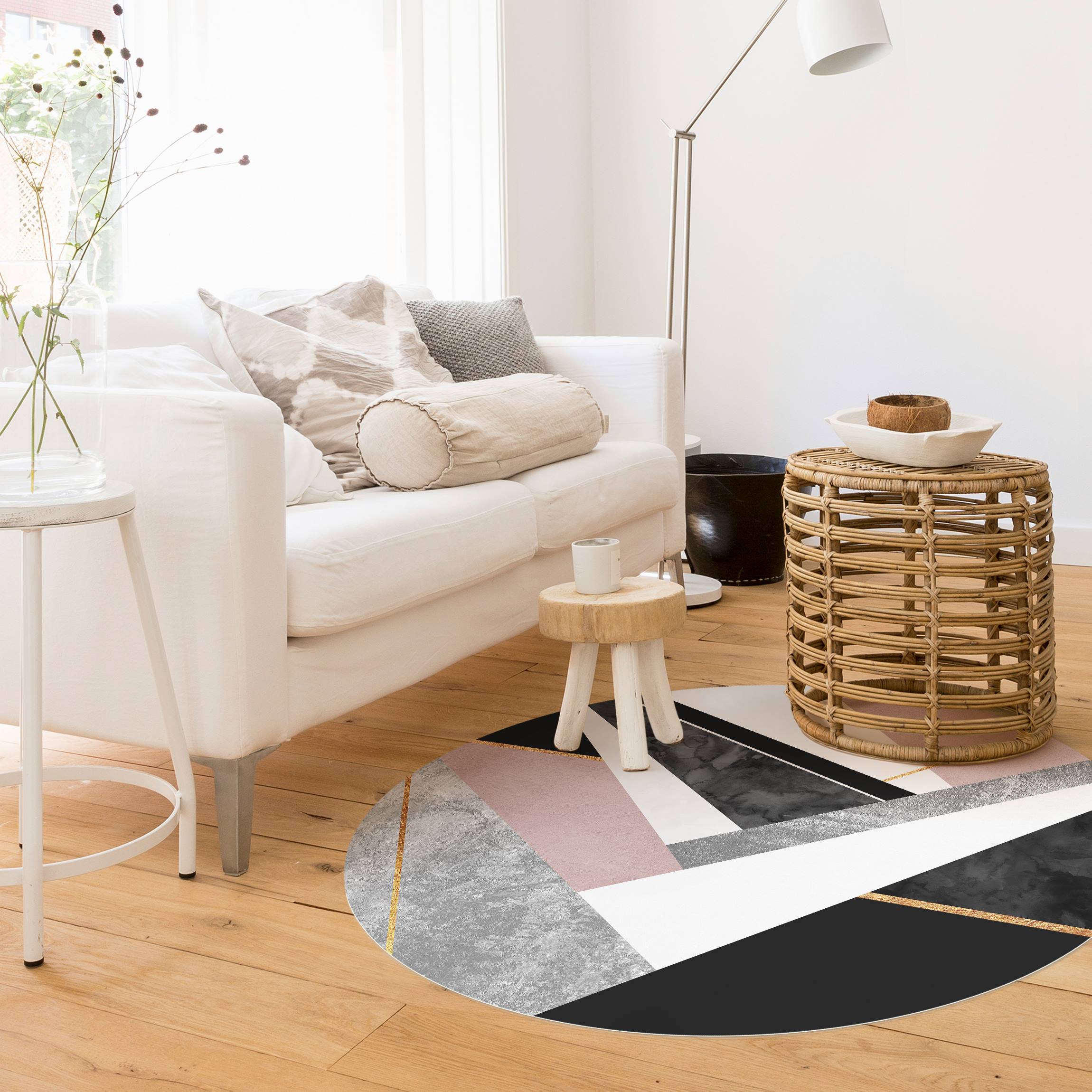 Runder Vinyl-Teppich Schwarz Weiß Geometrie mit Gold