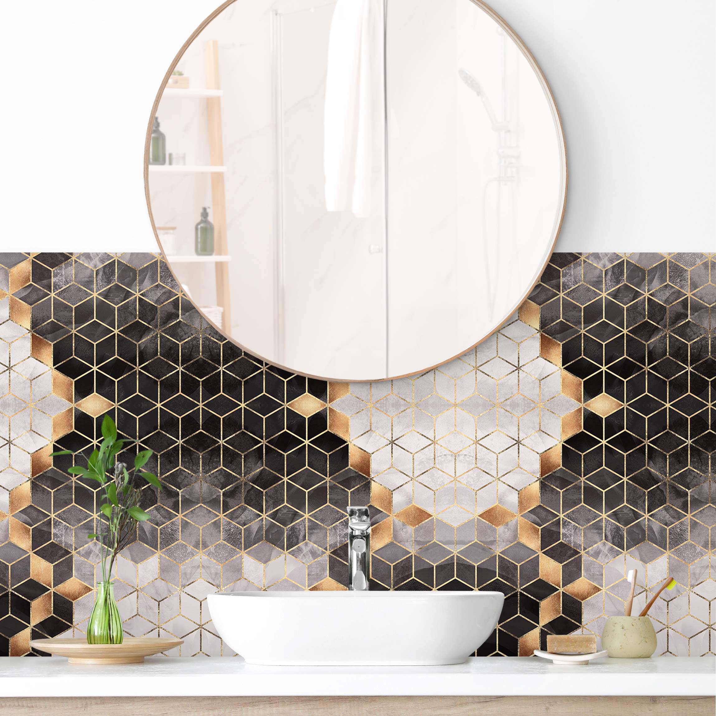Wandverkleidung Bad Schwarz Weiß goldene Geometrie II