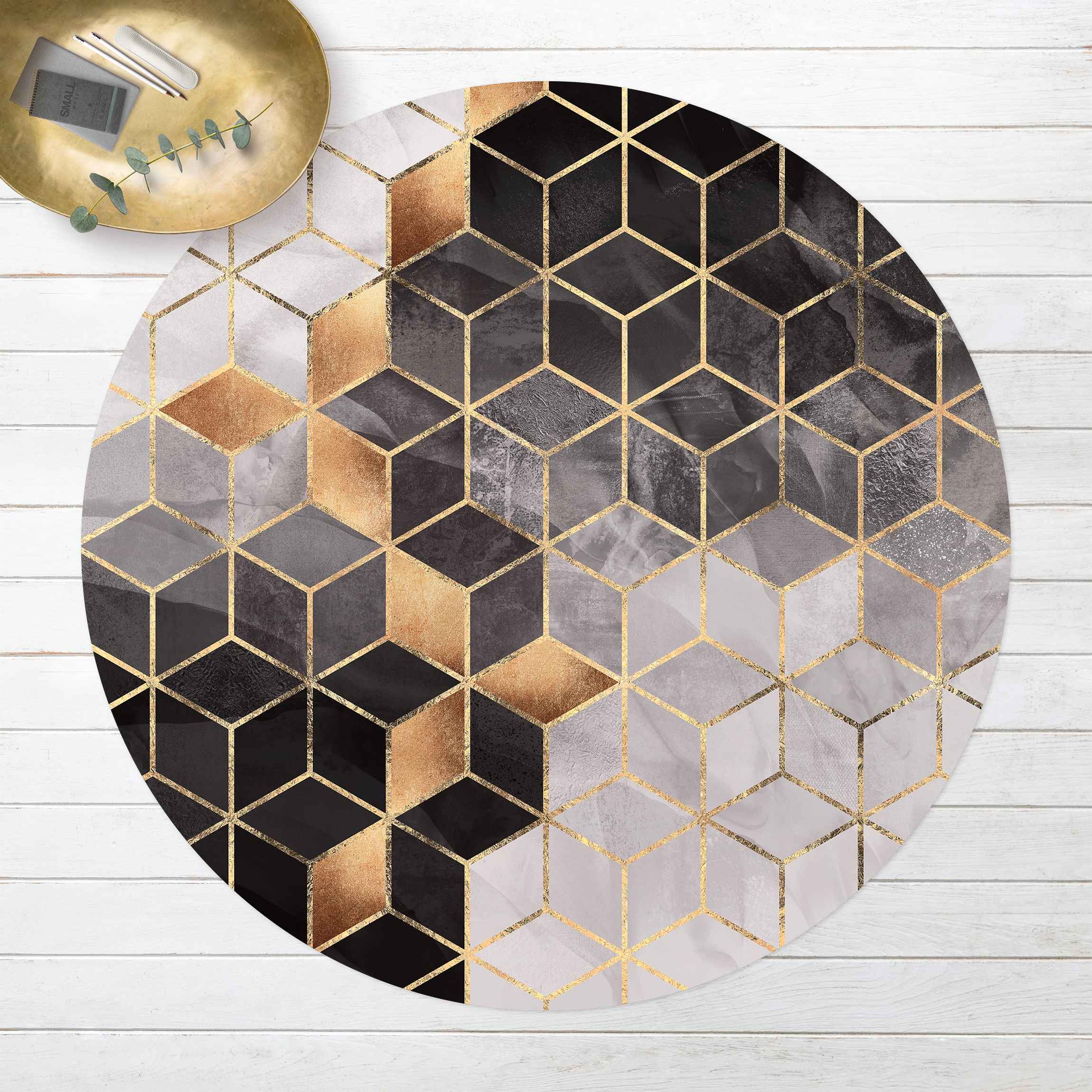 Runder Vinyl-Teppich Schwarz Weiß goldene Geometrie
