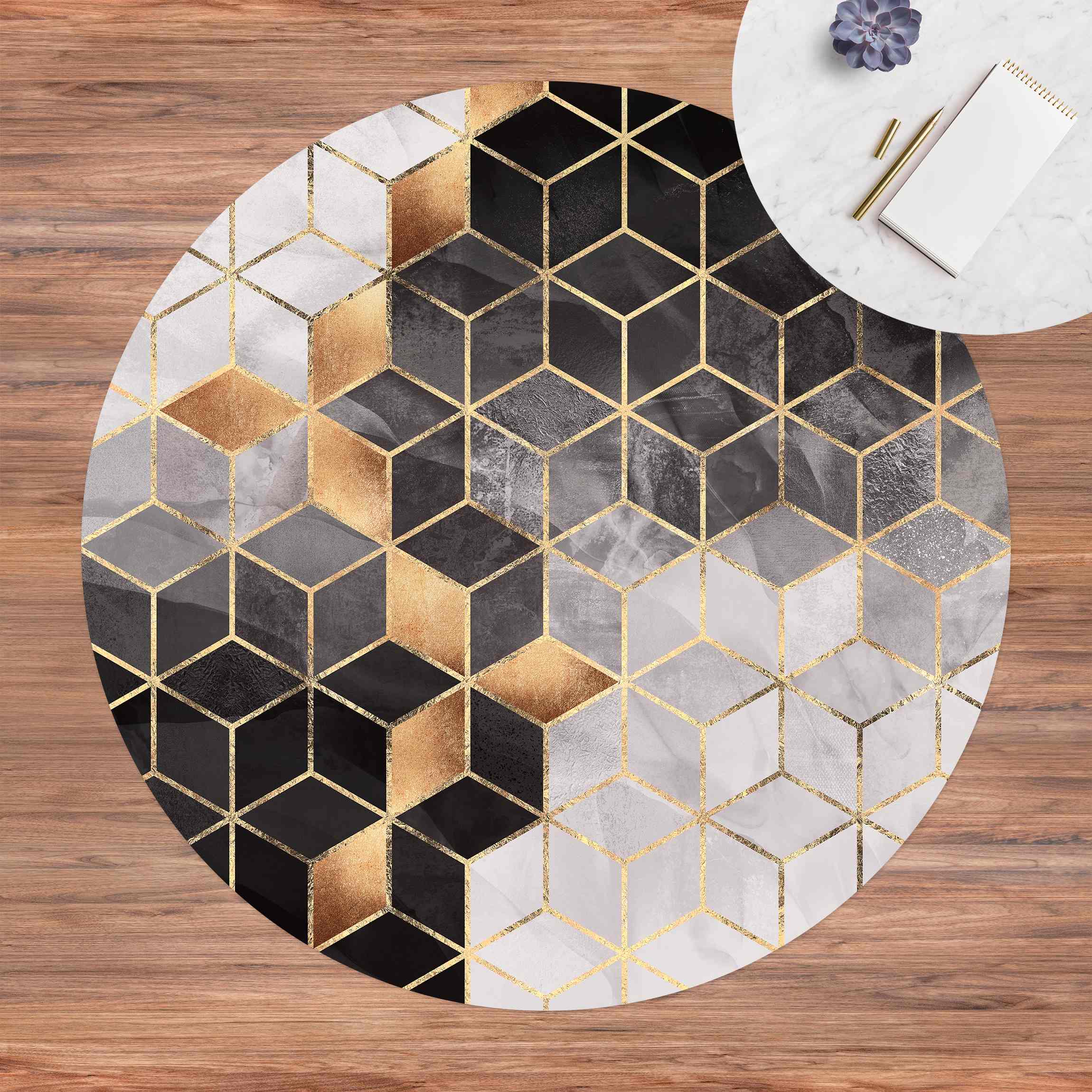 Runder Vinyl-Teppich Schwarz Weiß goldene Geometrie